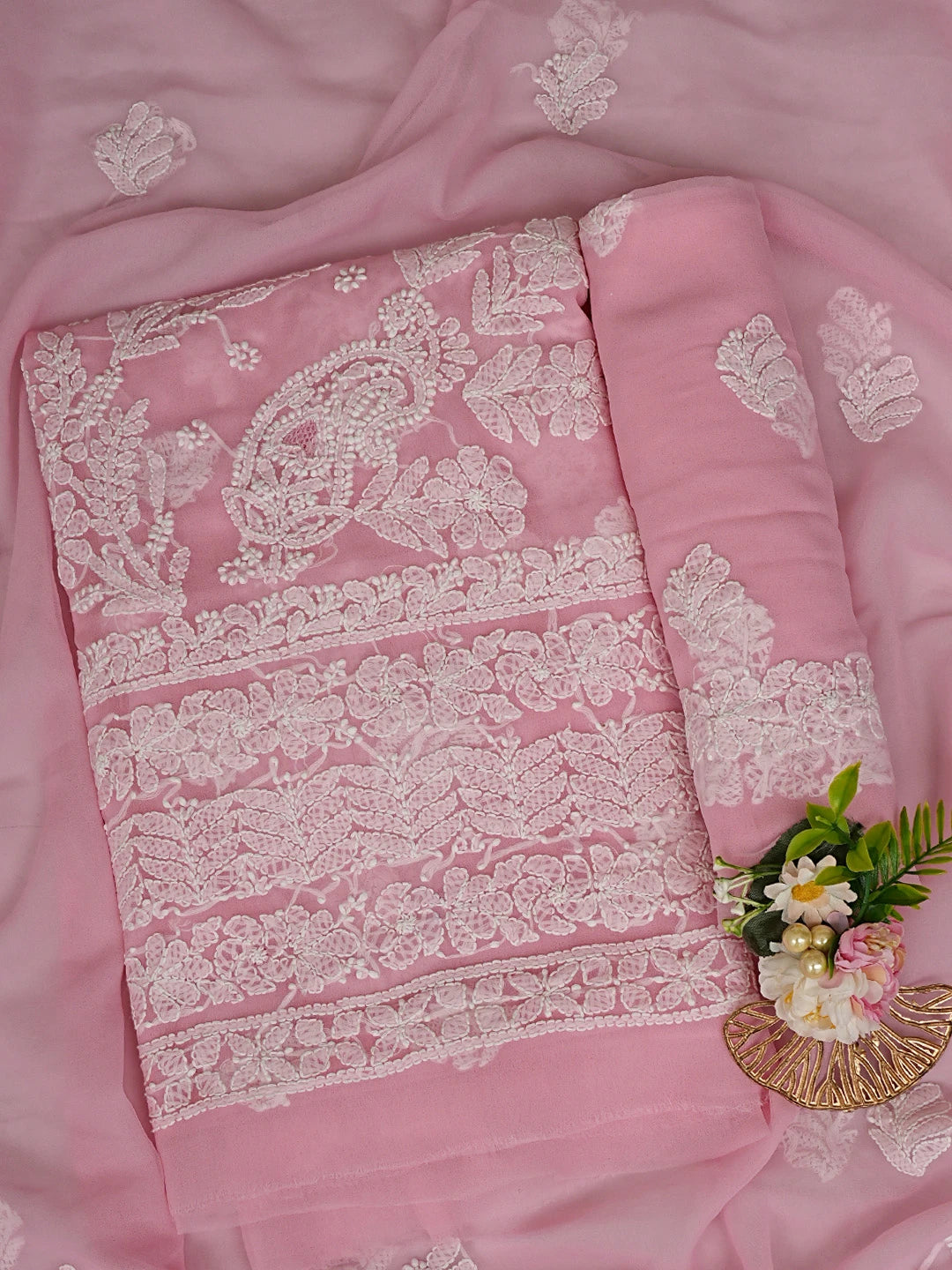 Ada Hand Embroidered Peach Georgette Lucknowi Chikankari Unstitched Suit Piece 01A867488