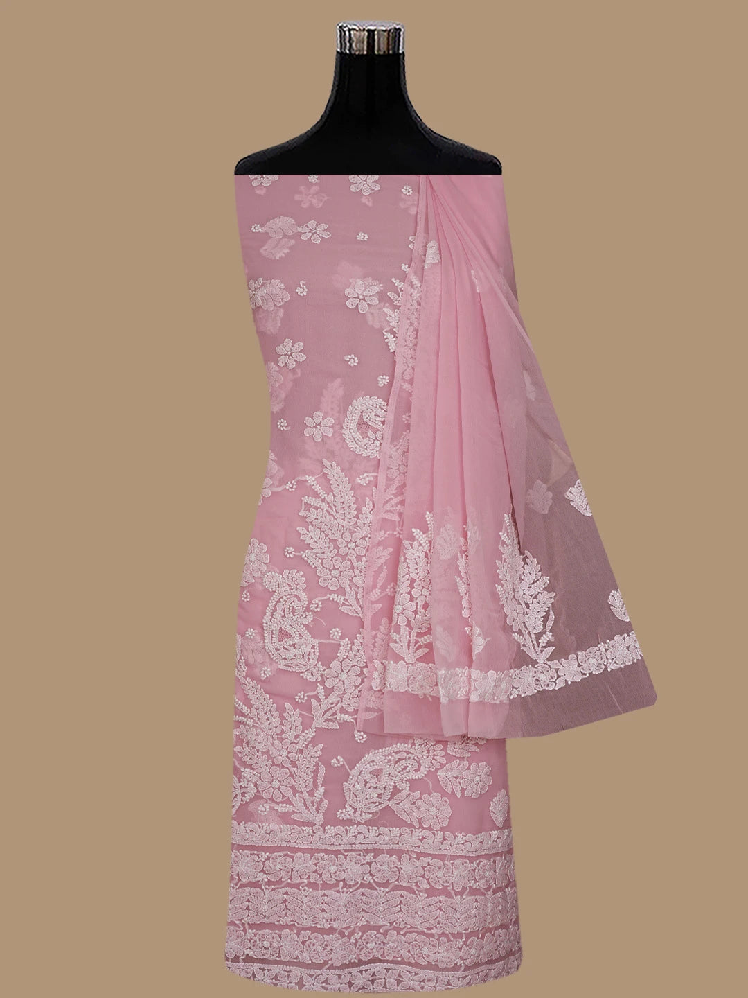 Ada Hand Embroidered Peach Georgette Lucknowi Chikankari Unstitched Suit Piece 01A867488