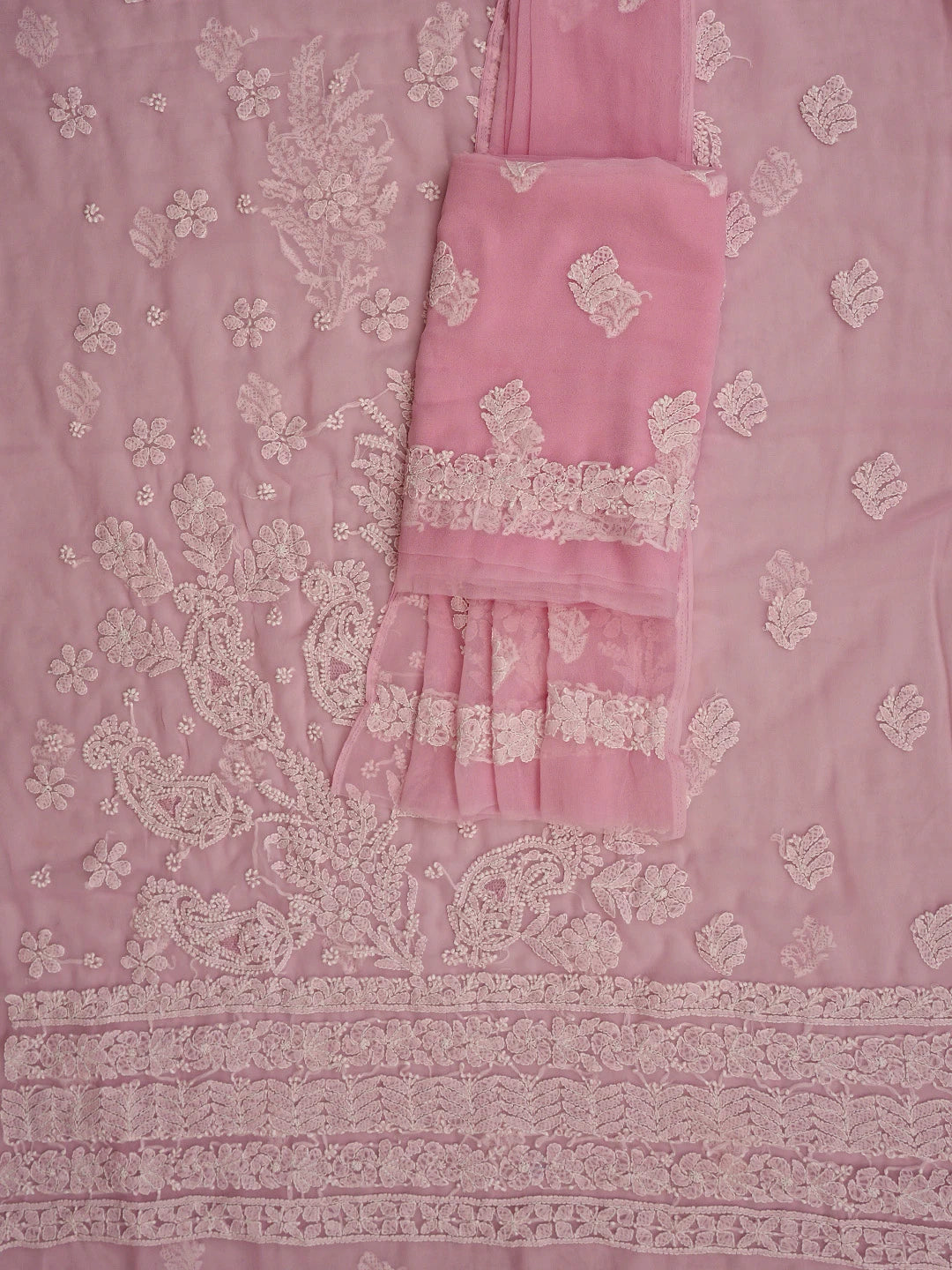 Ada Hand Embroidered Peach Georgette Lucknowi Chikankari Unstitched Suit Piece 01A867488