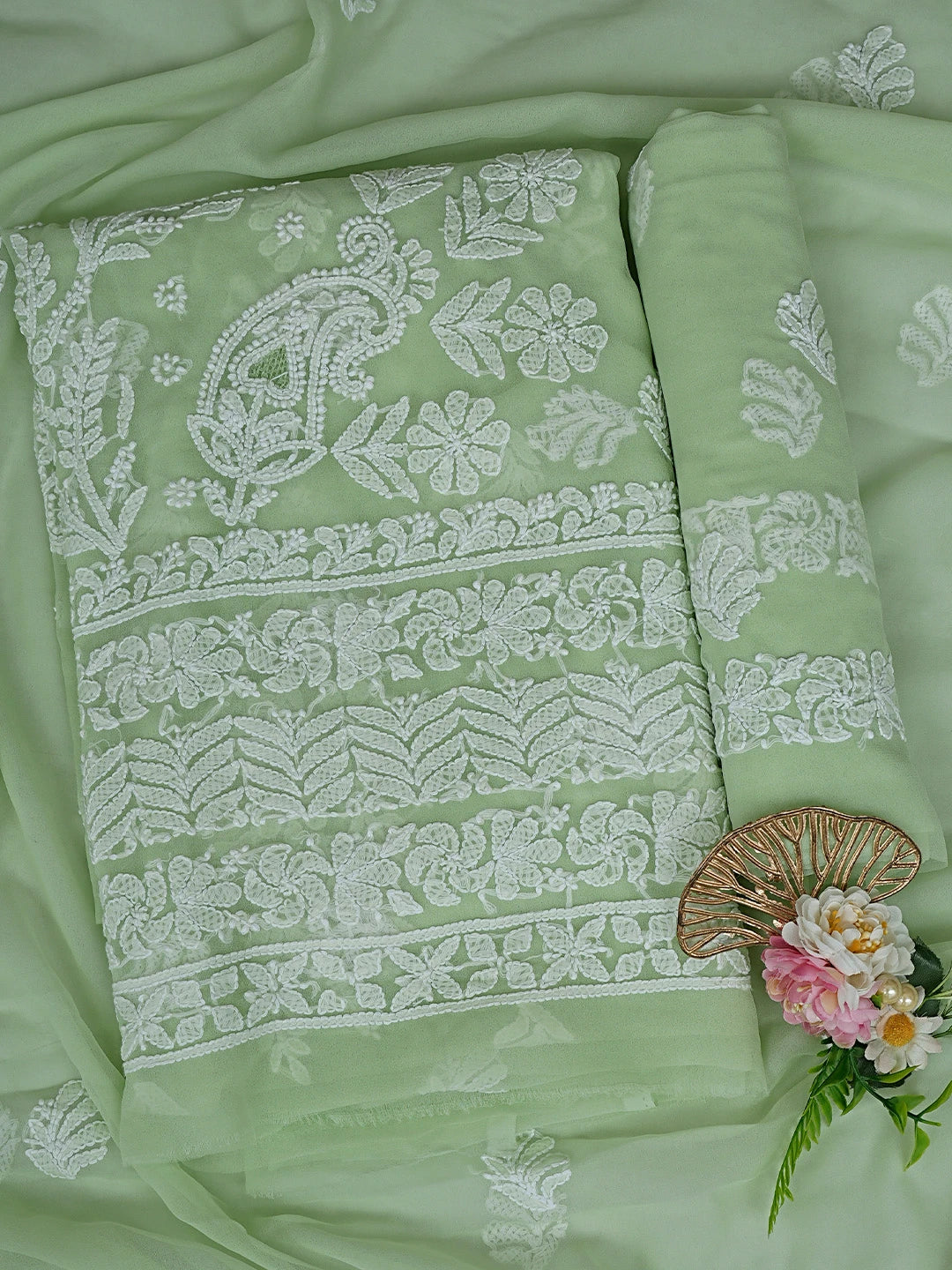 Ada Hand Embroidered Mint Green Georgette Lucknowi Chikankari Unstitched Suit Piece 01A867489