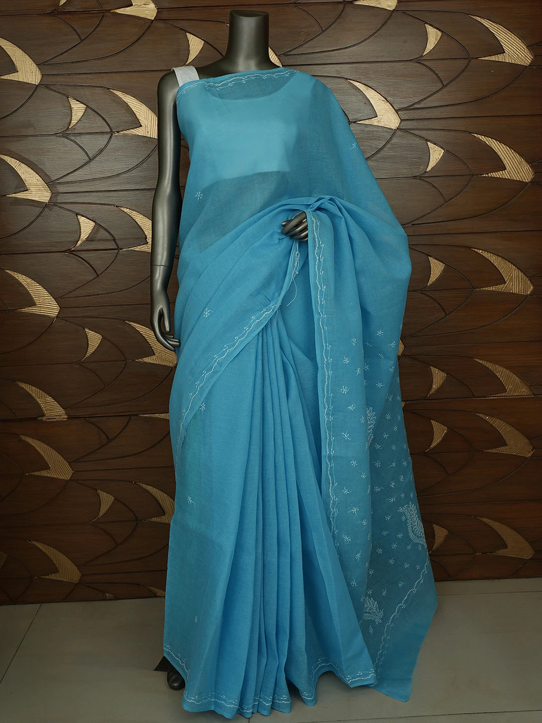 Ada Hand Embroidered Bondi Blue Cotton Lucknowi Chikankari Saree and Blouse 01A854448