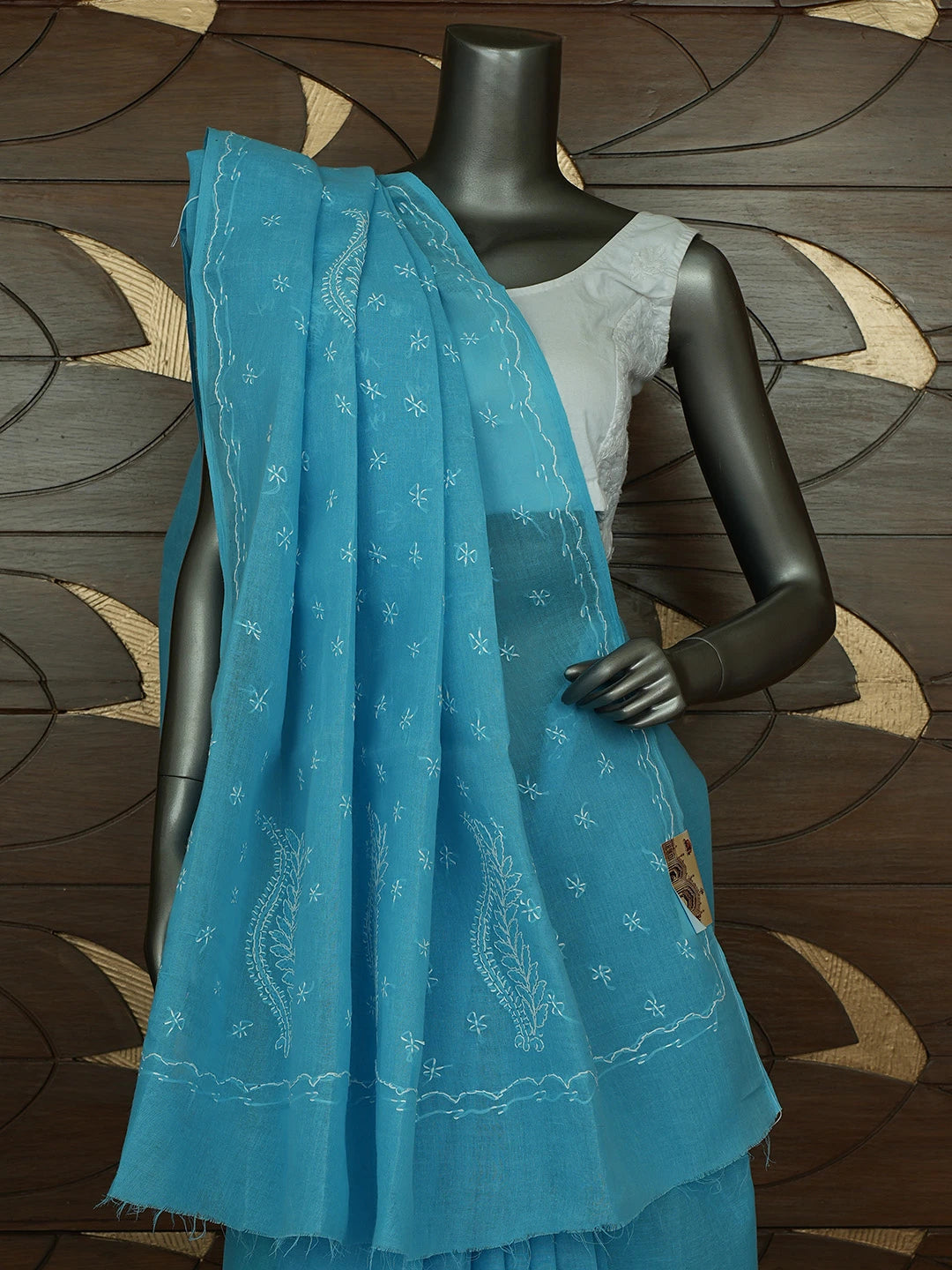 Ada Hand Embroidered Bondi Blue Cotton Lucknowi Chikankari Saree and Blouse 01A854448