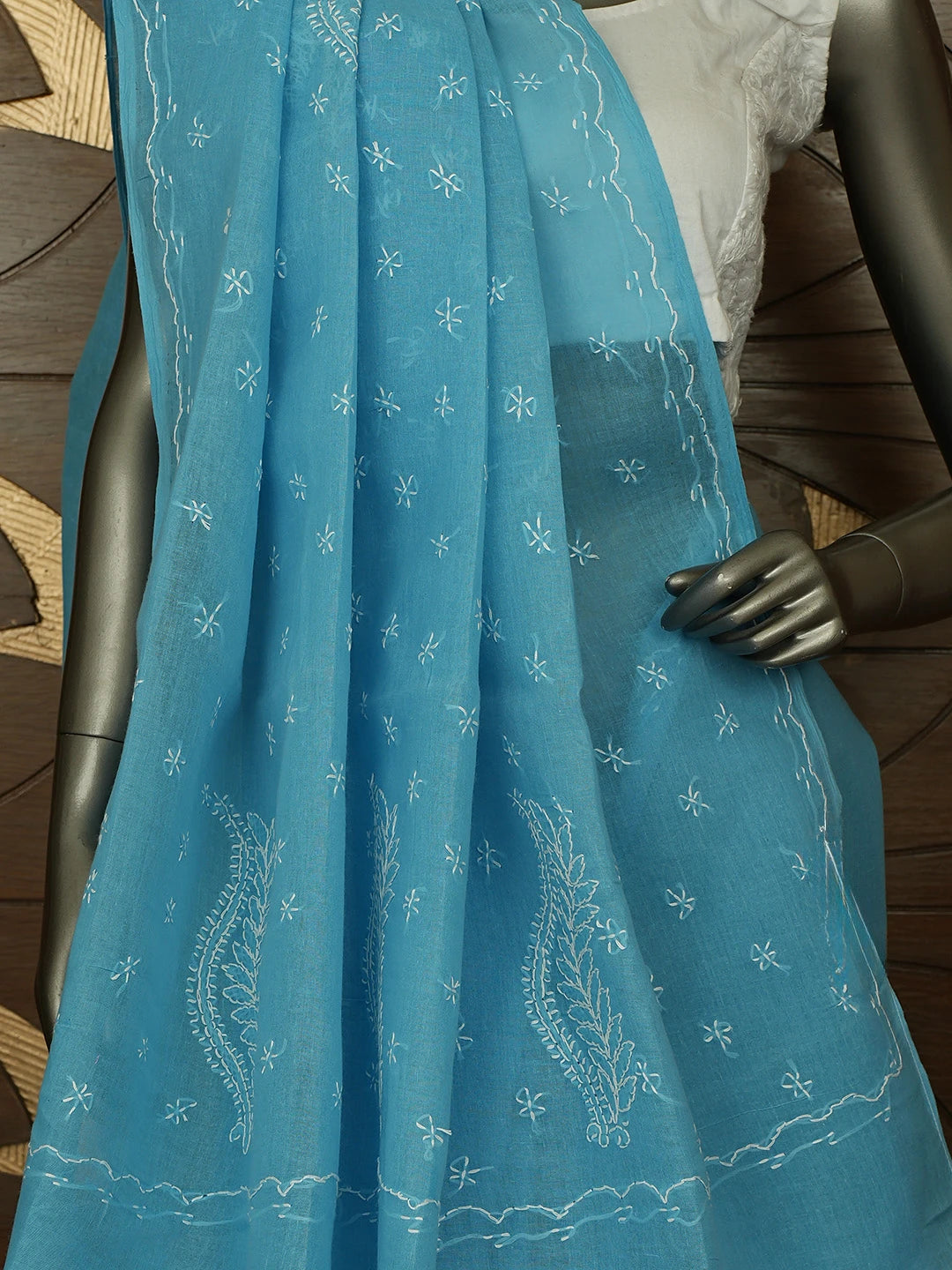 Ada Hand Embroidered Bondi Blue Cotton Lucknowi Chikankari Saree and Blouse 01A854448