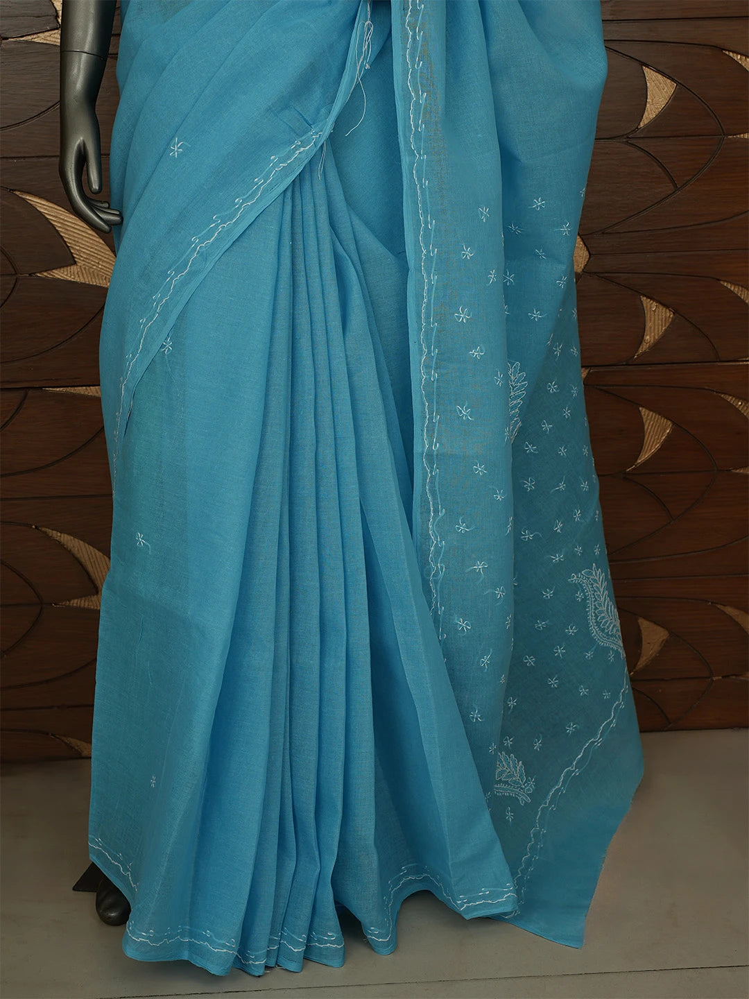 Ada Hand Embroidered Bondi Blue Cotton Lucknowi Chikankari Saree and Blouse 01A854448
