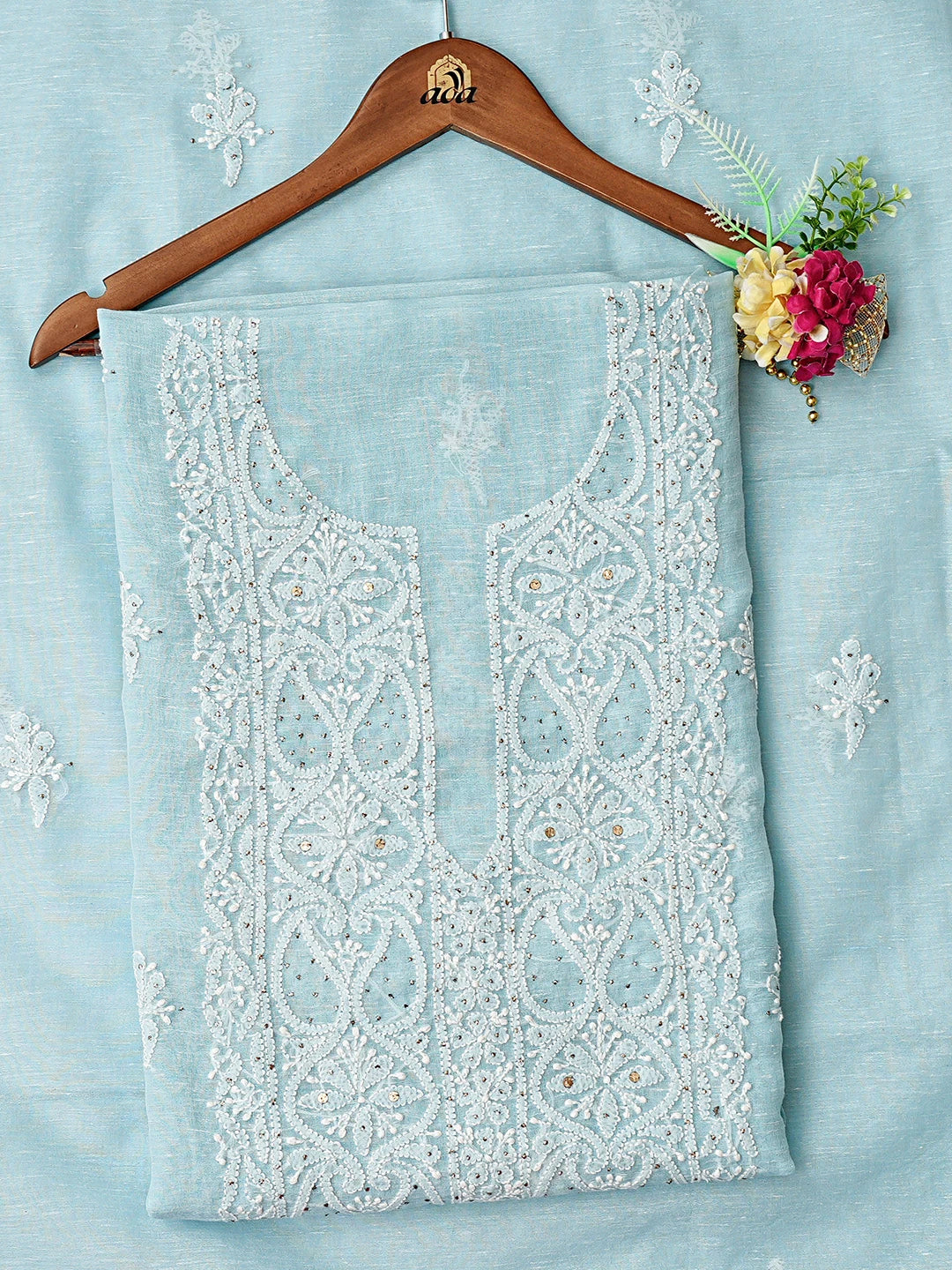 Ada Hand Embroidered Blue Chanderi Lucknowi Chikankari Unstitched Kurta Dupatta Set With Mukaish Work 01A745084
