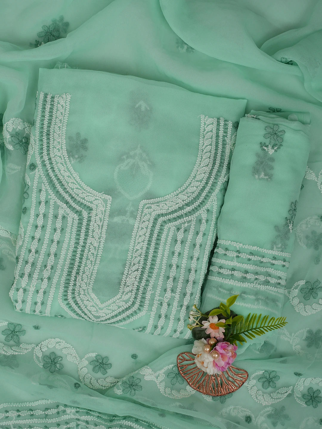 Ada Hand Embroidered Seafoam Green Georgette Lucknowi Chikankari Unstitched Suit Piece 01A867502