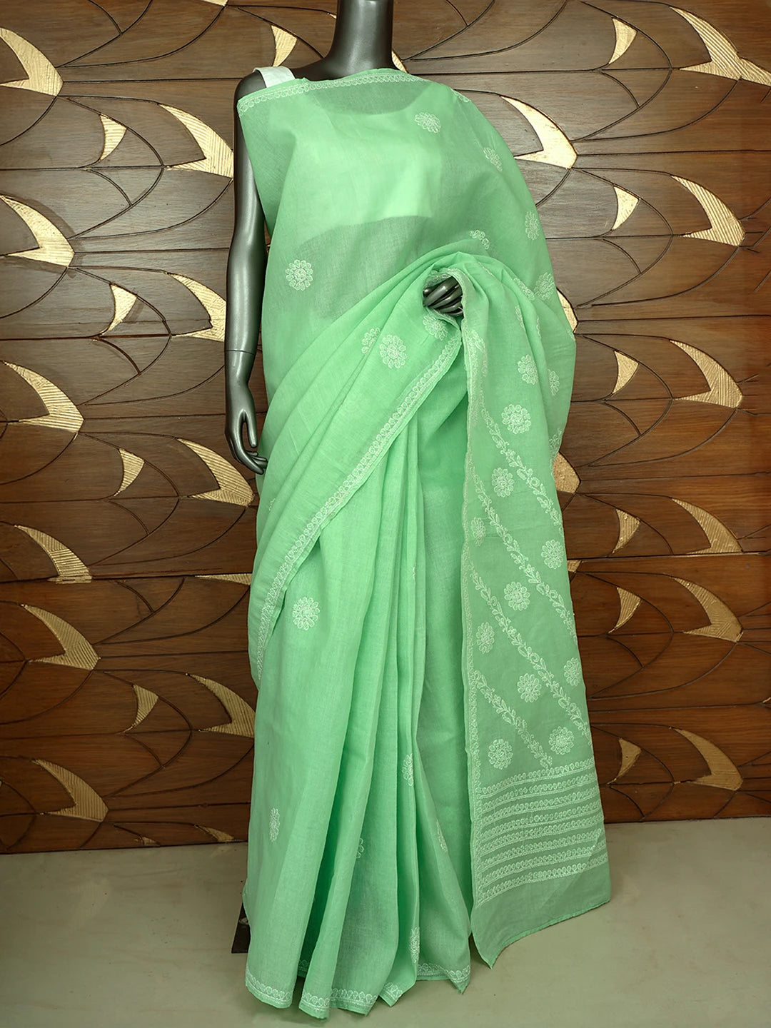 Ada Hand Embroidered Light Green Cotton Lucknowi Chikankari Saree and Blouse 01A866212