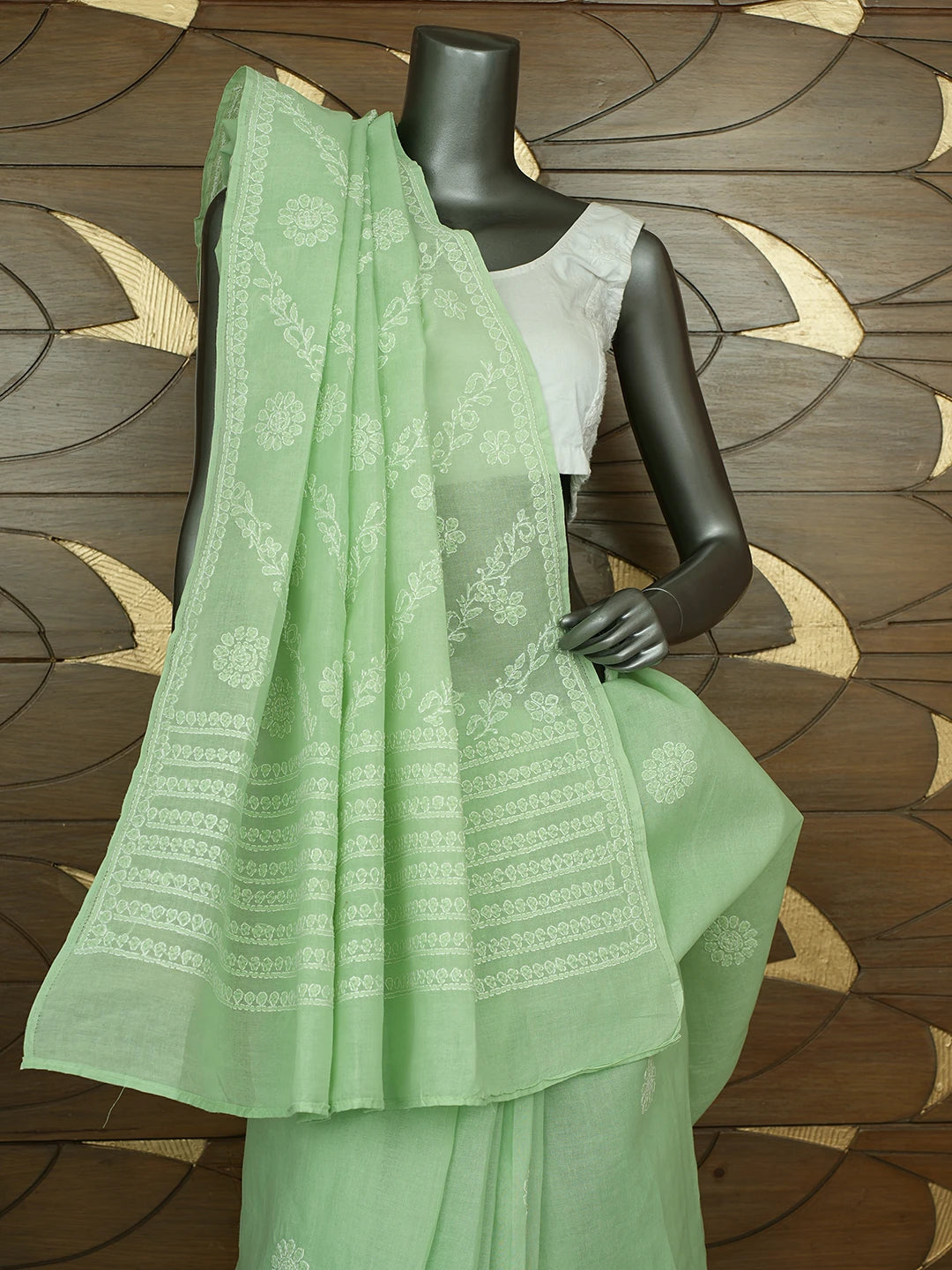 Ada Hand Embroidered Light Green Cotton Lucknowi Chikankari Saree and Blouse 01A866212