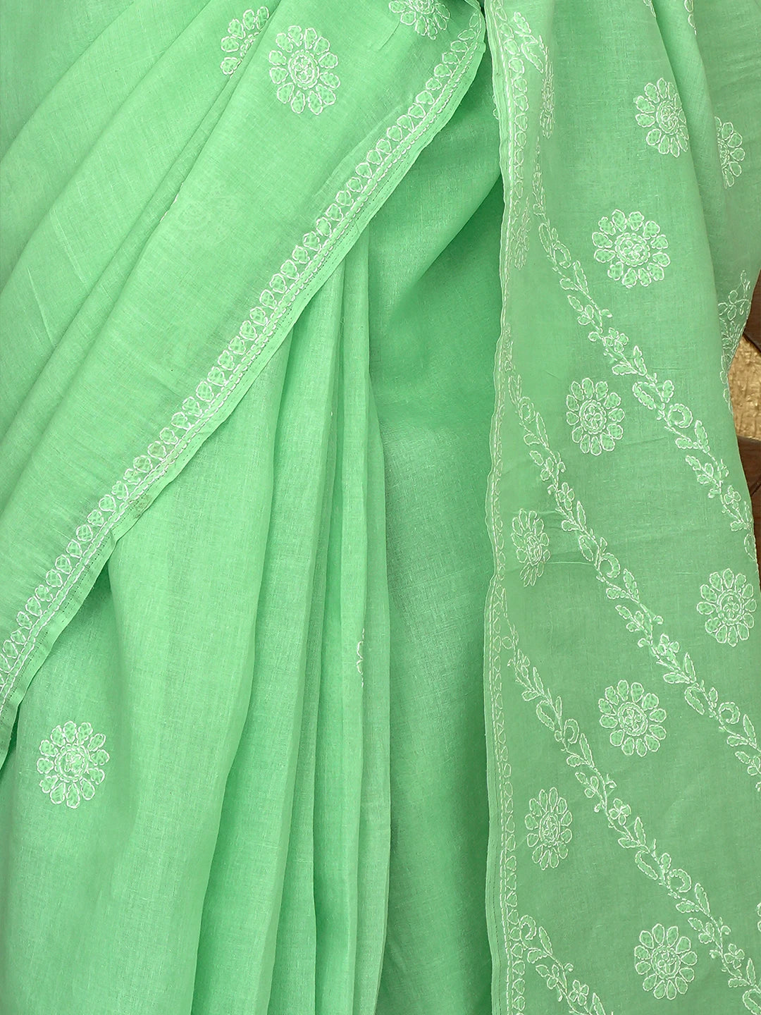 Ada Hand Embroidered Light Green Cotton Lucknowi Chikankari Saree and Blouse 01A866212