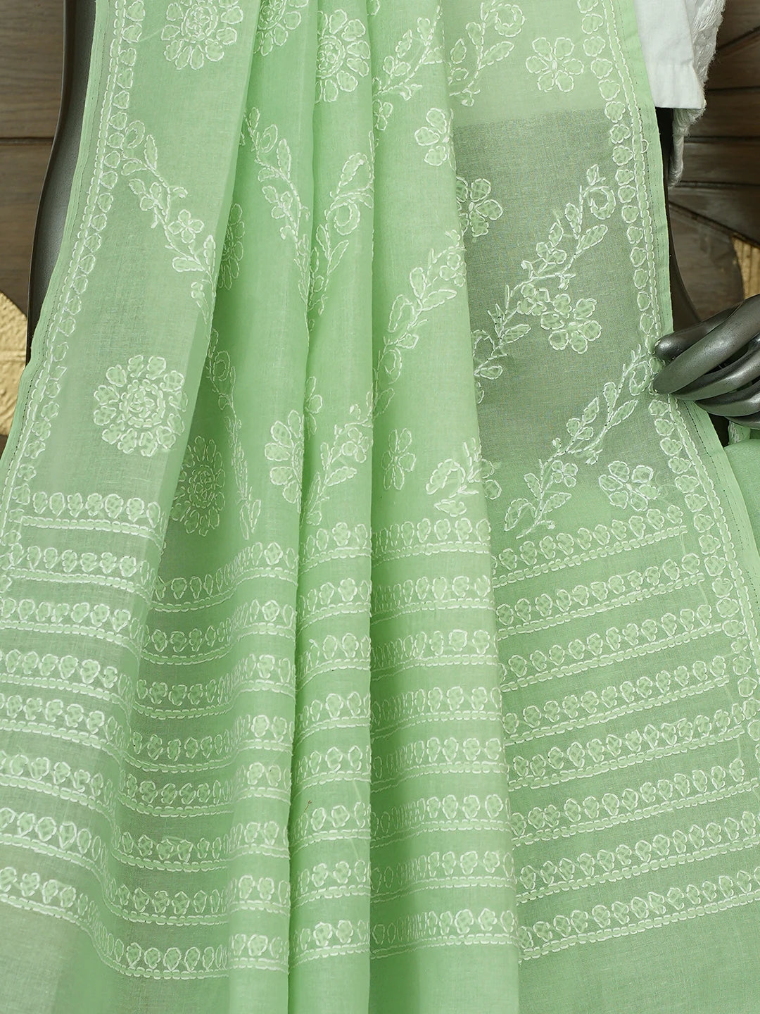 Ada Hand Embroidered Light Green Cotton Lucknowi Chikankari Saree and Blouse 01A866212