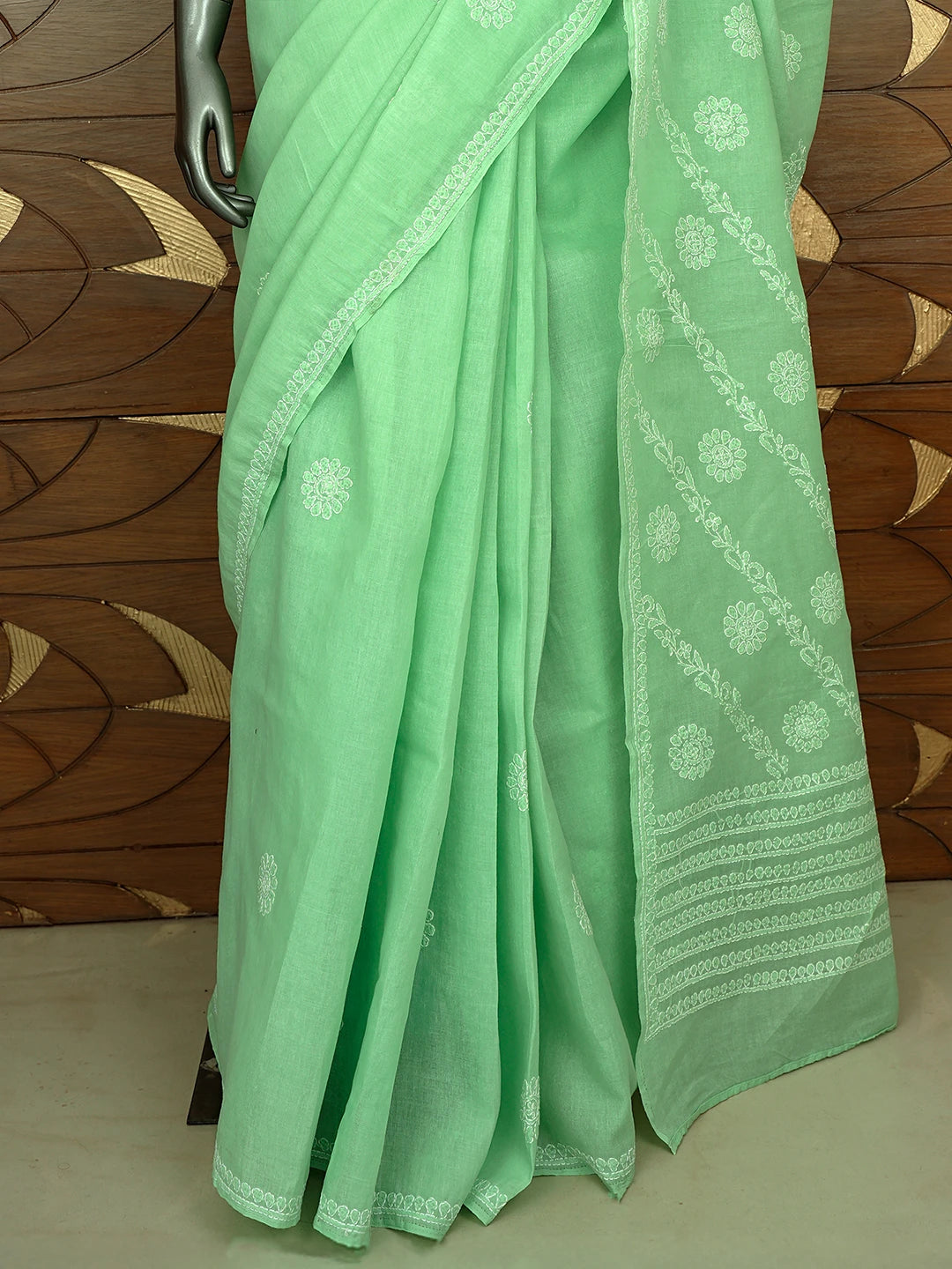 Ada Hand Embroidered Light Green Cotton Lucknowi Chikankari Saree and Blouse 01A866212