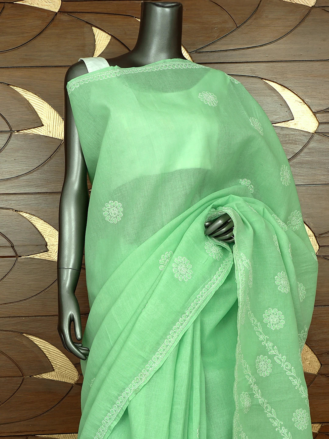 Ada Hand Embroidered Light Green Cotton Lucknowi Chikankari Saree and Blouse 01A866212
