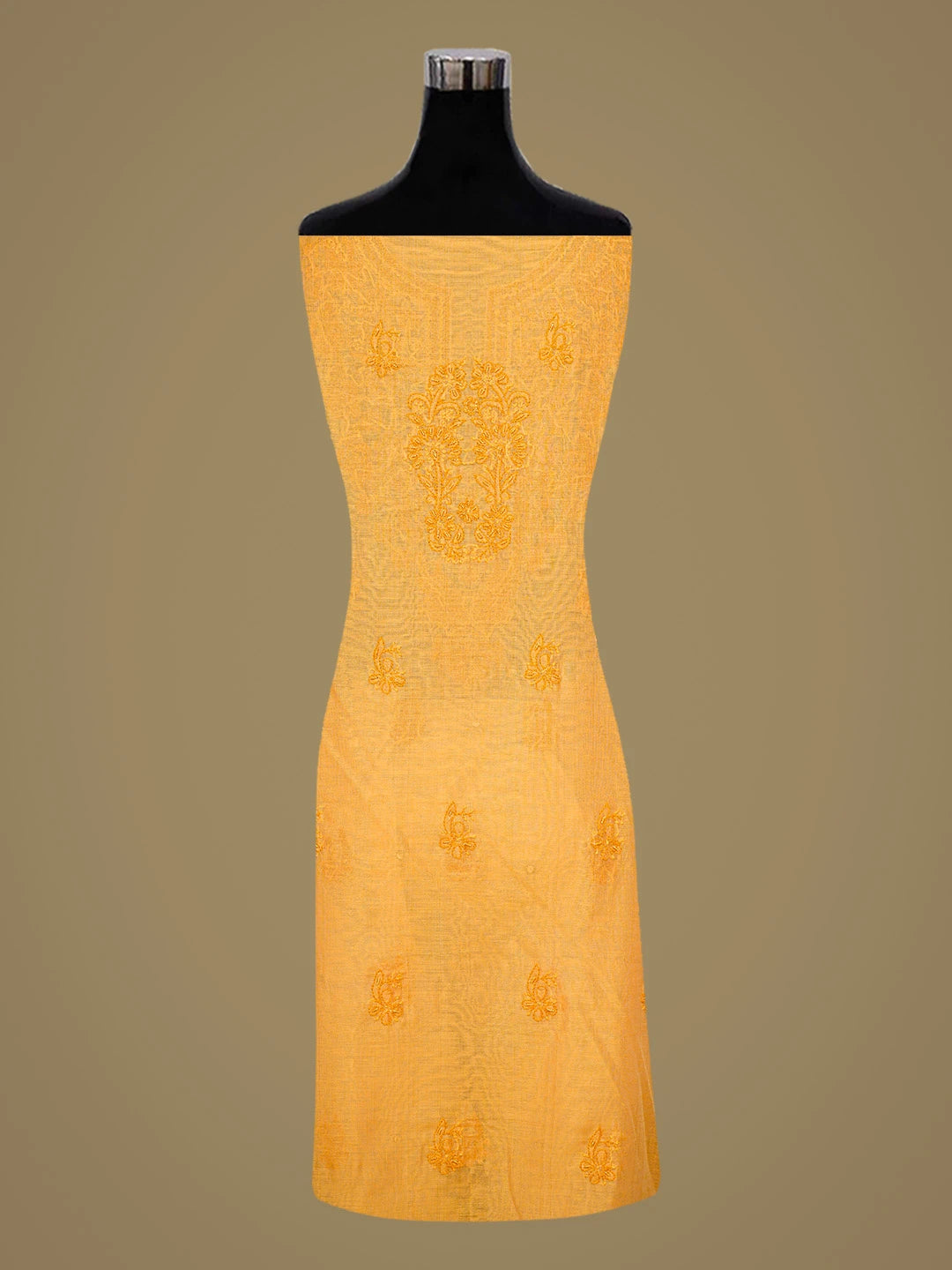 Ada Hand Embroidered Mustard Chanderi Lucknowi Chikankari Unstitched Kurta Dupatta Set With Pearl Work 01A420898