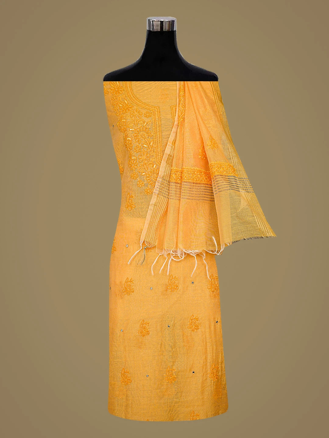 Ada Hand Embroidered Mustard Chanderi Lucknowi Chikankari Unstitched Kurta Dupatta Set With Pearl Work 01A420898