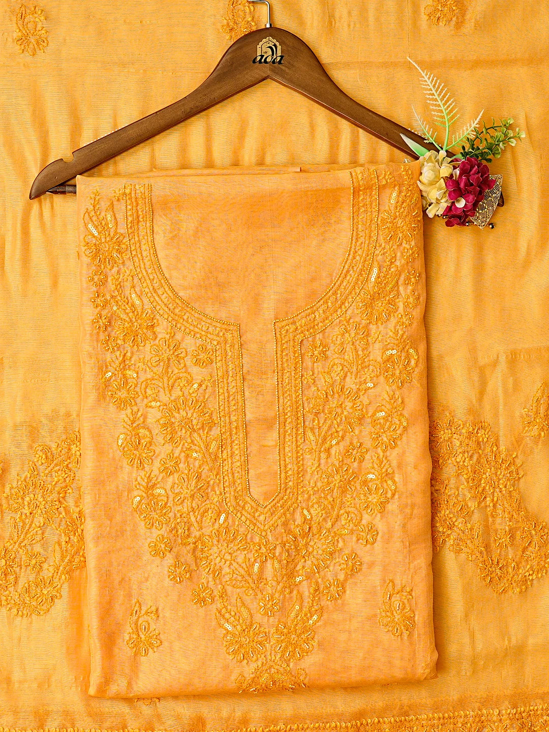 Ada Hand Embroidered Mustard Chanderi Lucknowi Chikankari Unstitched Kurta Dupatta Set With Pearl Work 01A420898