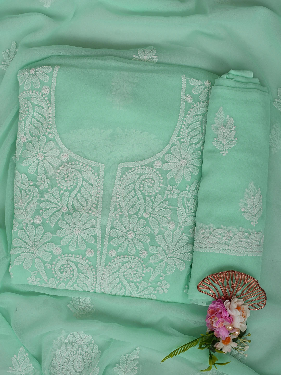 Ada Hand Embroidered Sea Green Georgette Lucknowi Chikankari Unstitched Suit Piece 01A867541