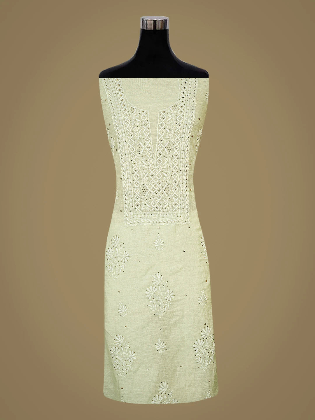 Ada Hand Embroidered Green Chanderi Lucknowi Chikankari Unstitched Kurta Dupatta Set With Mukaish Work 01A757028