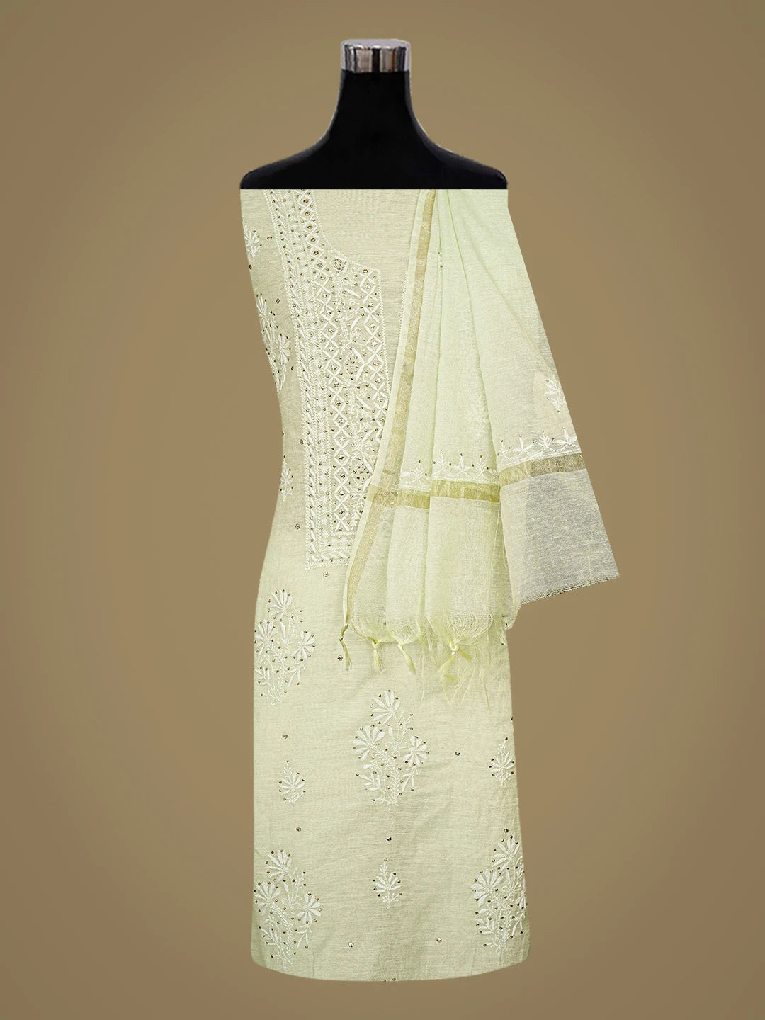 Ada Hand Embroidered Green Chanderi Lucknowi Chikankari Unstitched Kurta Dupatta Set With Mukaish Work 01A757028