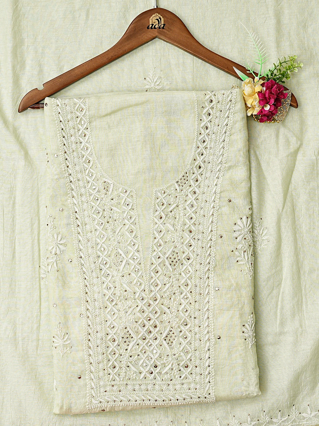 Ada Hand Embroidered Green Chanderi Lucknowi Chikankari Unstitched Kurta Dupatta Set With Mukaish Work 01A757028