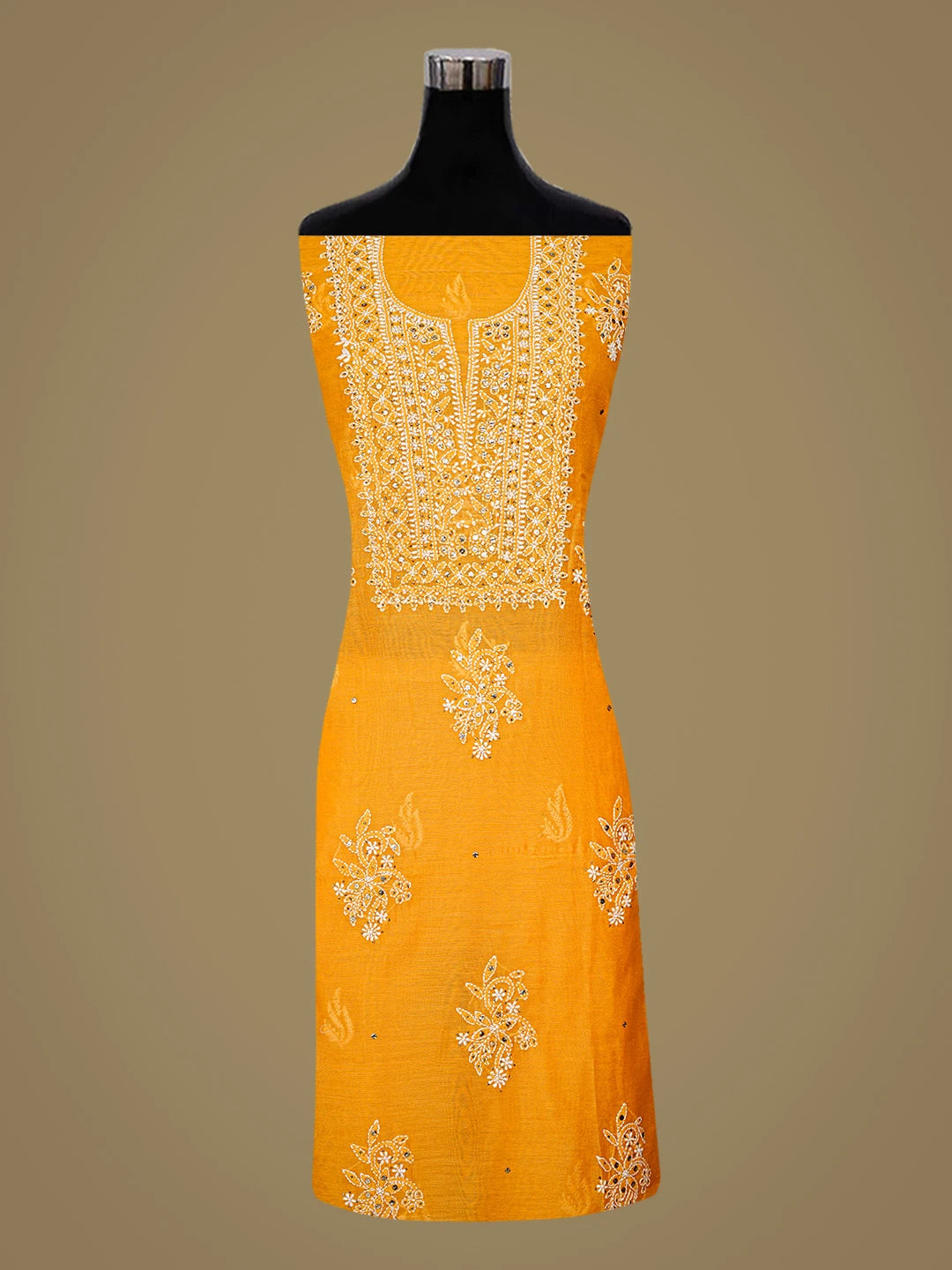 Ada Hand Embroidered Orange Chanderi Lucknowi Chikankari Unstitched Kurta Dupatta Set With Mukaish Work 01A640631
