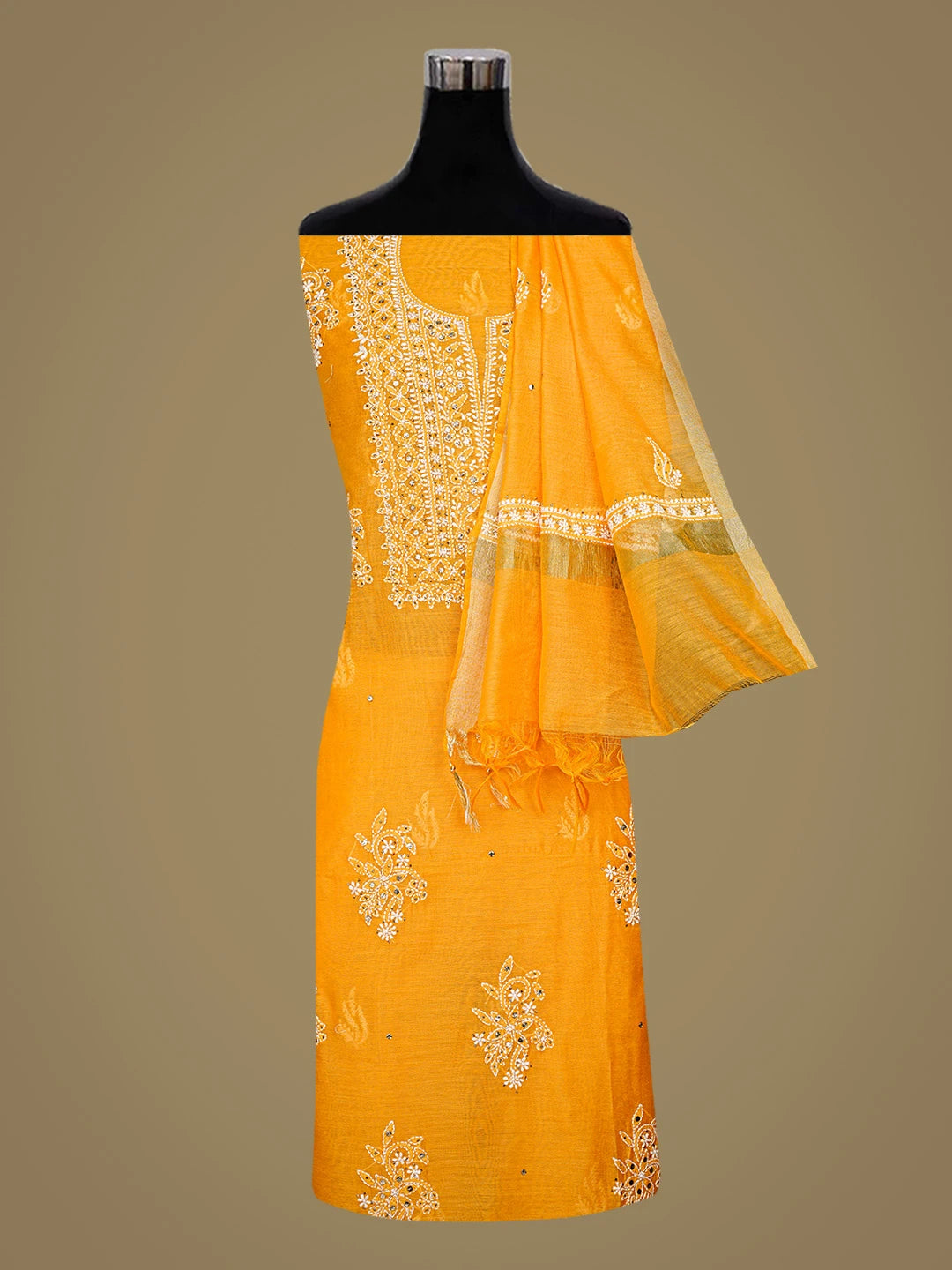 Ada Hand Embroidered Orange Chanderi Lucknowi Chikankari Unstitched Kurta Dupatta Set With Mukaish Work 01A640631