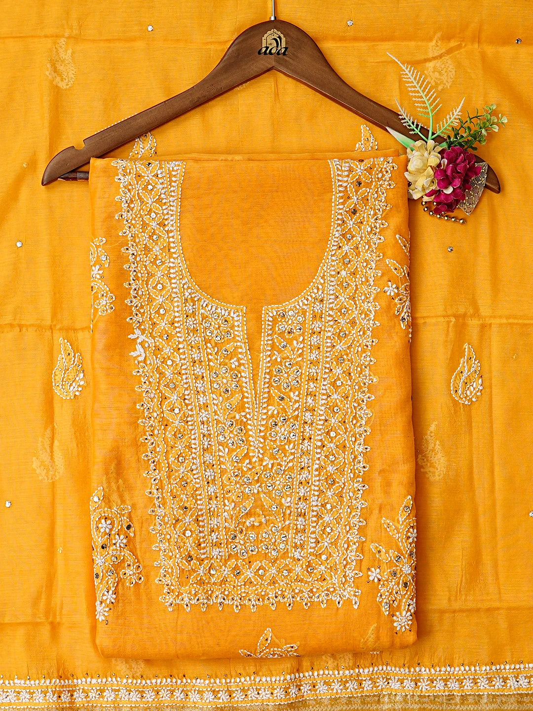 Ada Hand Embroidered Orange Chanderi Lucknowi Chikankari Unstitched Kurta Dupatta Set With Mukaish Work 01A640631