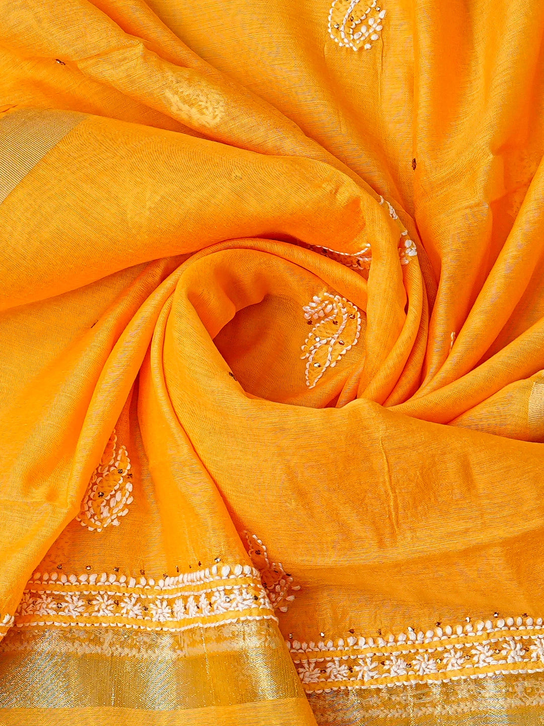 Ada Hand Embroidered Orange Chanderi Lucknowi Chikankari Unstitched Kurta Dupatta Set With Mukaish Work 01A640631
