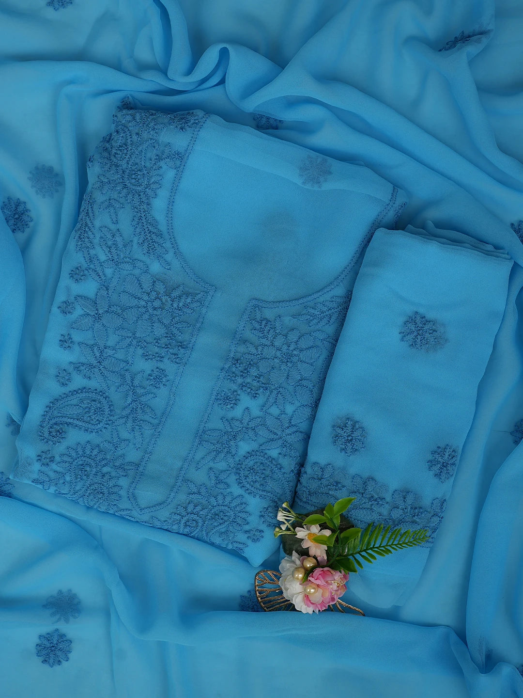 Ada Hand Embroidered Bright Blue Georgette Lucknowi Chikankari Unstitched Suit Piece 01A867548