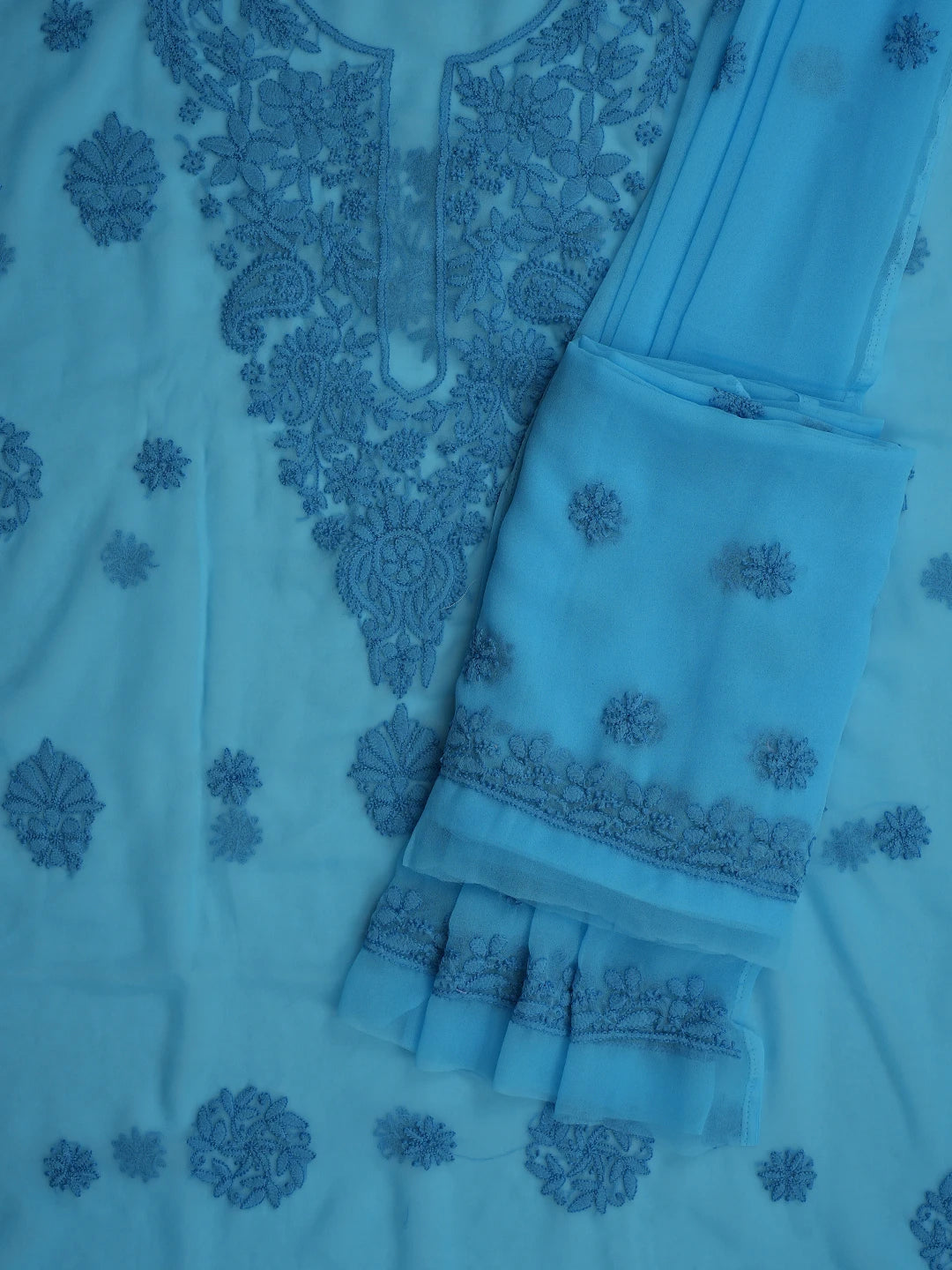 Ada Hand Embroidered Bright Blue Georgette Lucknowi Chikankari Unstitched Suit Piece 01A867548