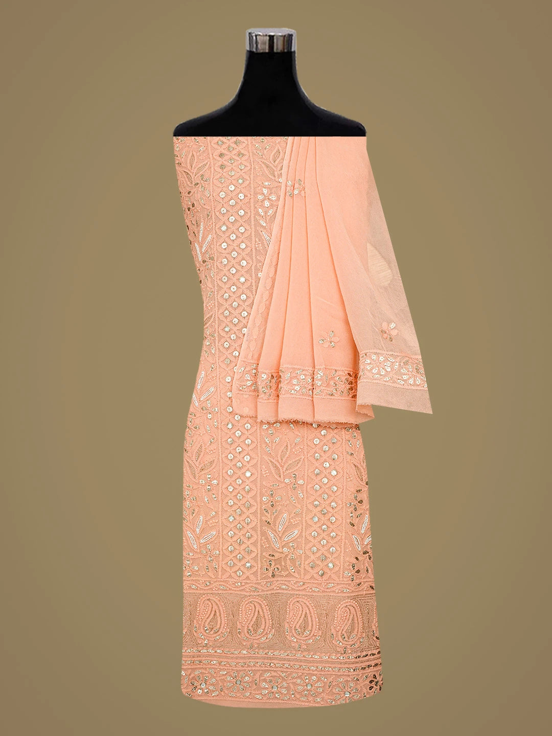 Ada Hand Embroidered Peach Viscose Georgette Lucknowi Chikankari Unstitched Kurta Dupatta Set With Pearl Work 01A778507