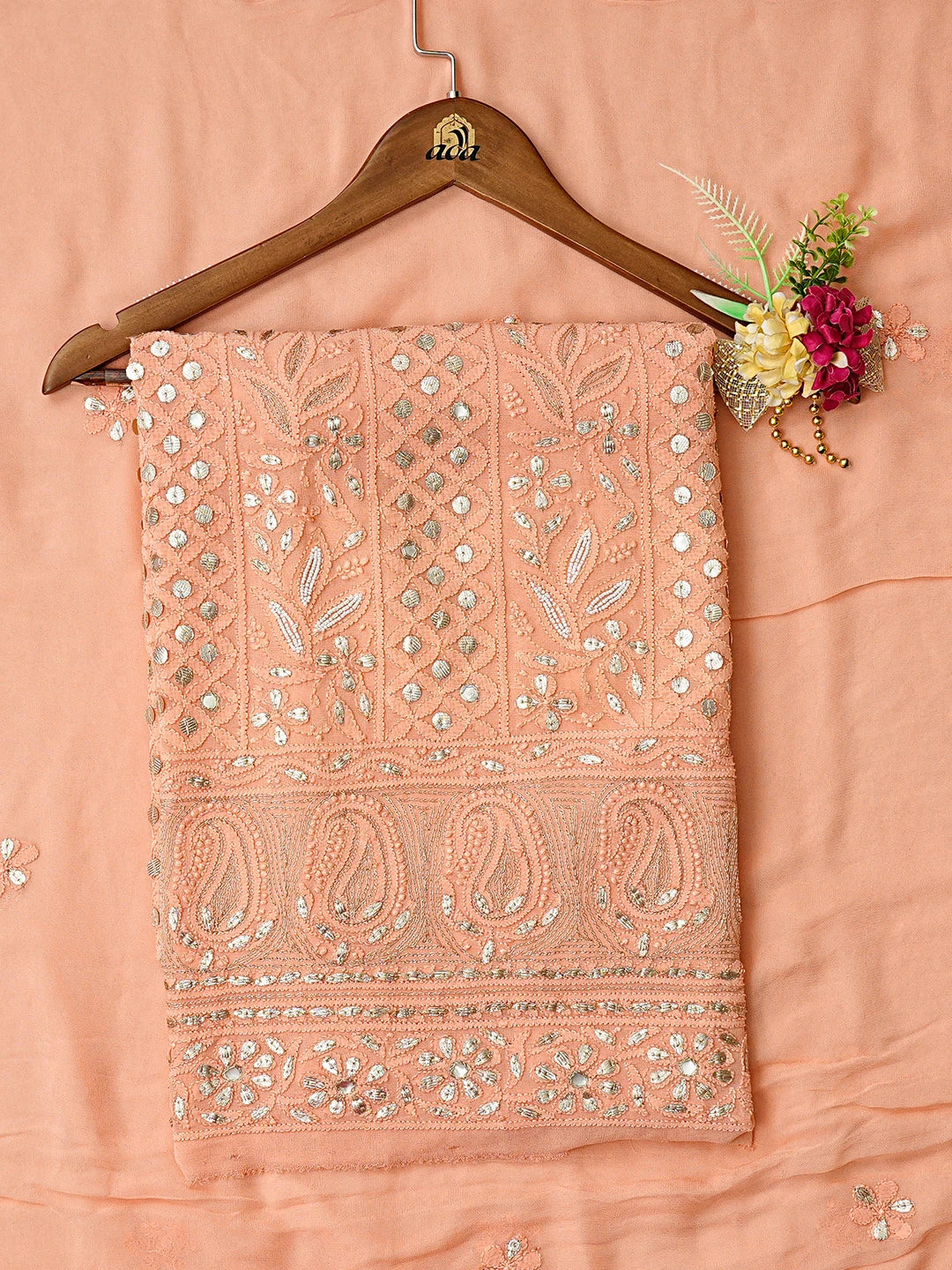 Ada Hand Embroidered Peach Viscose Georgette Lucknowi Chikankari Unstitched Kurta Dupatta Set With Pearl Work 01A778507