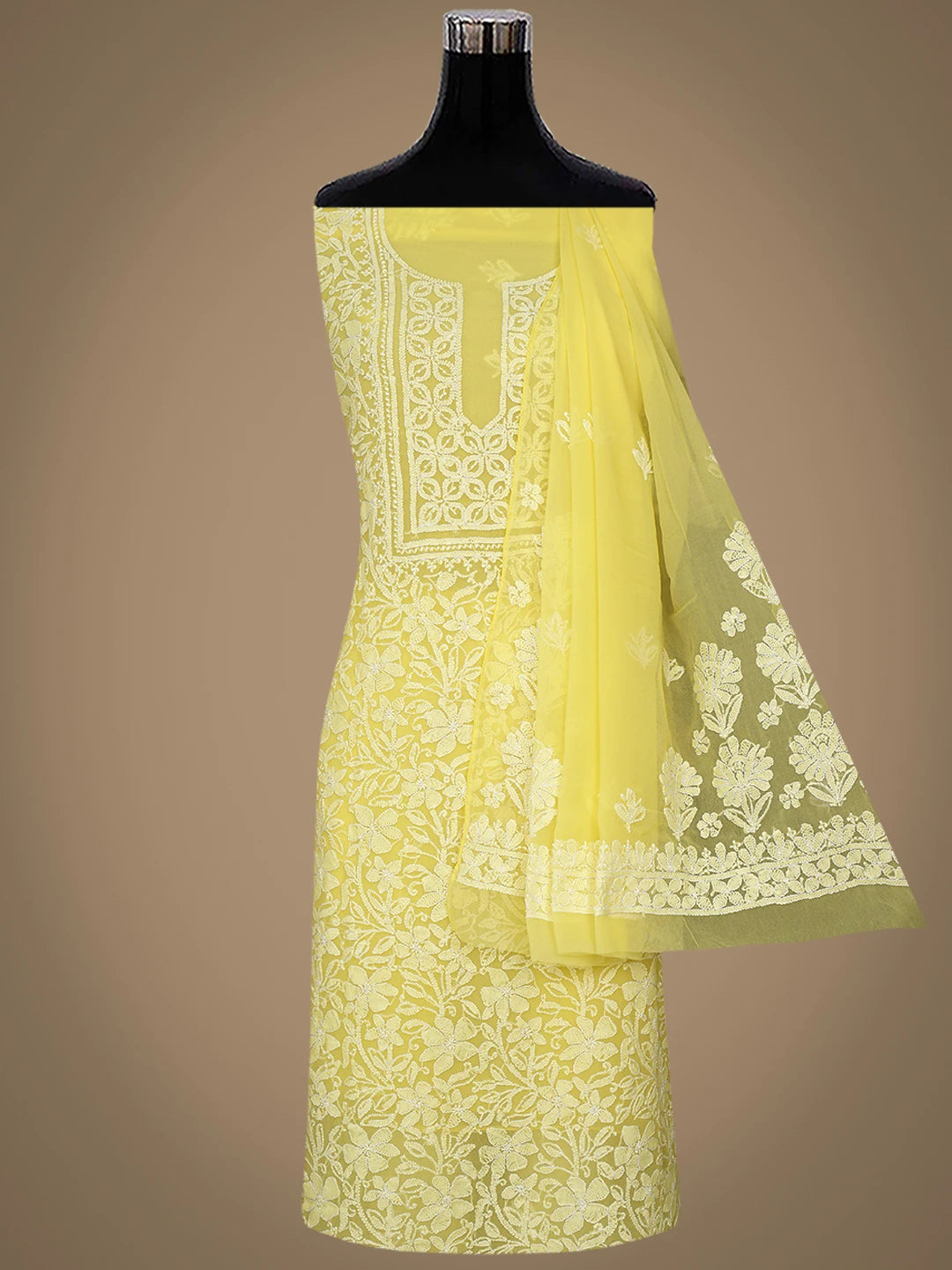 Ada Hand Embroidered Yellow Georgette Lucknowi Chikankari Unstitched Suit Piece 01A867566