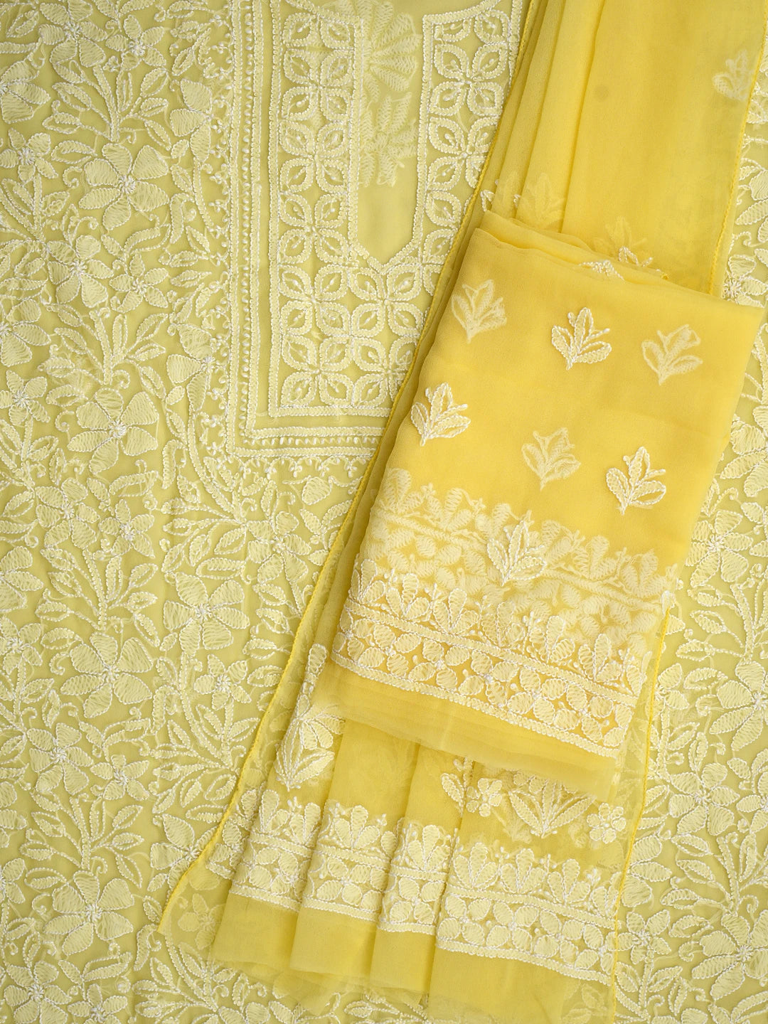 Ada Hand Embroidered Yellow Georgette Lucknowi Chikankari Unstitched Suit Piece 01A867566