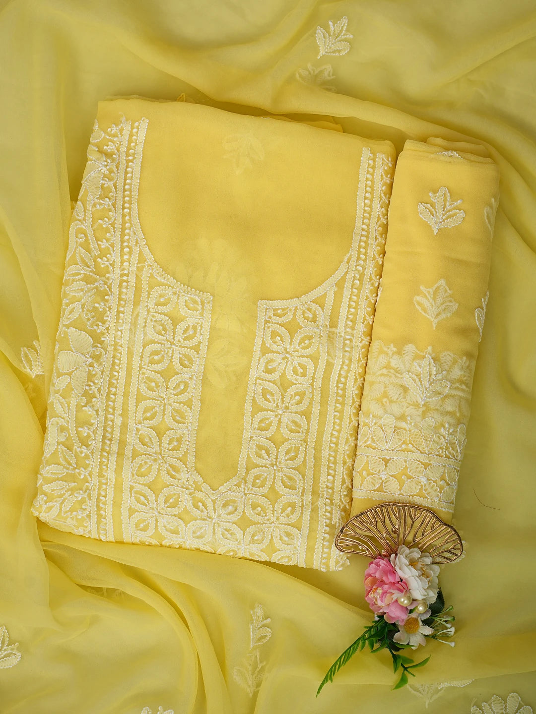 Ada Hand Embroidered Yellow Georgette Lucknowi Chikankari Unstitched Suit Piece 01A867566