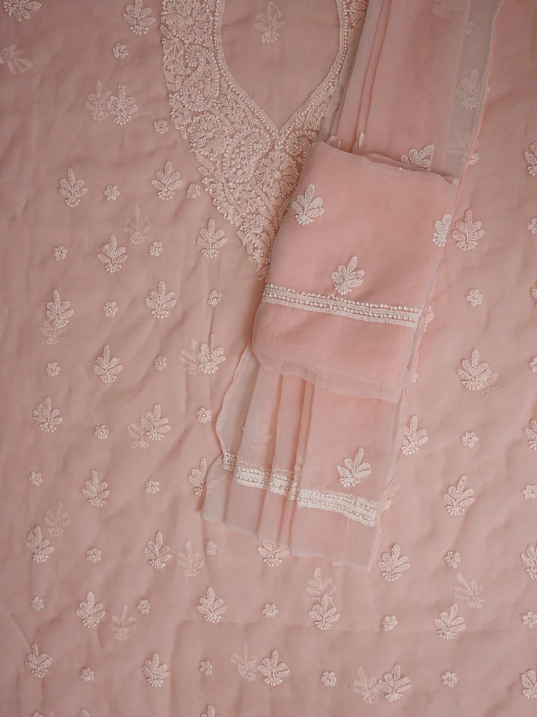 Ada Hand Embroidered Dusty Peach Georgette Lucknowi Chikankari Unstitched Suit Piece 01A866742