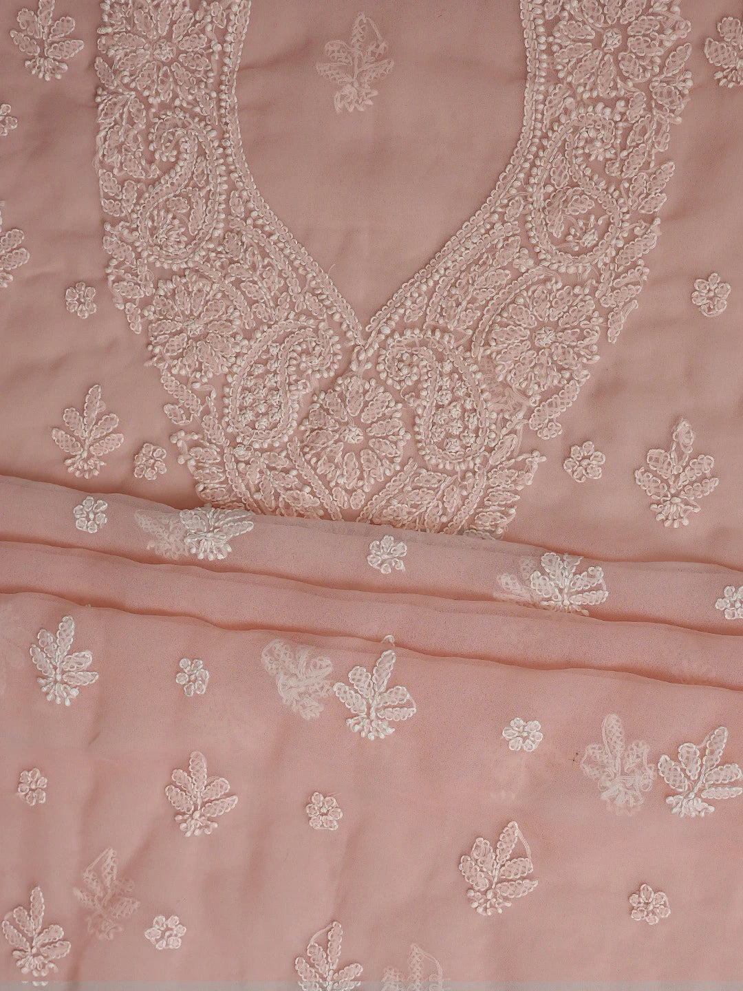 Ada Hand Embroidered Dusty Peach Georgette Lucknowi Chikankari Unstitched Suit Piece 01A866742
