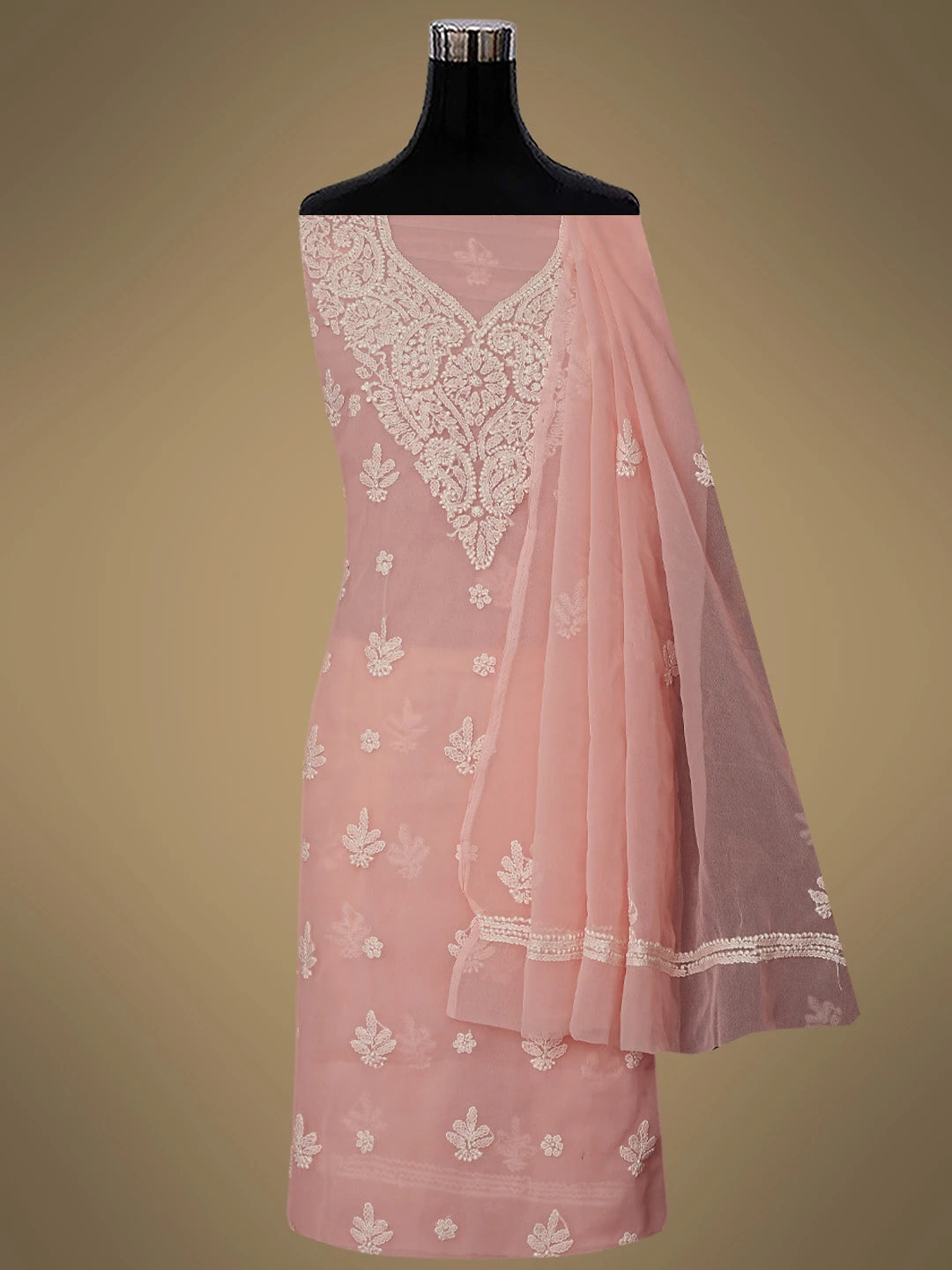 Ada Hand Embroidered Dusty Peach Georgette Lucknowi Chikankari Unstitched Suit Piece 01A866742