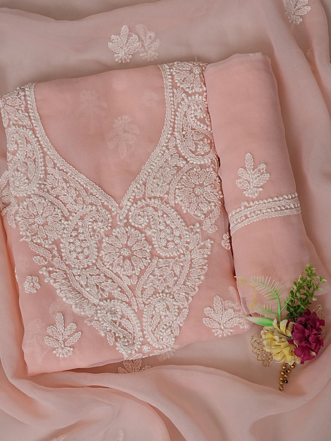 Ada Hand Embroidered Dusty Peach Georgette Lucknowi Chikankari Unstitched Suit Piece 01A866742