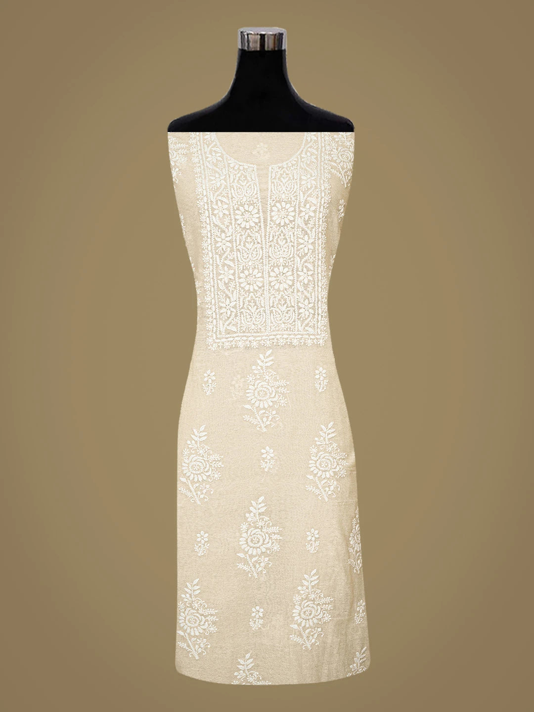 Ada Hand Embroidered Fawn Chanderi Lucknowi Chikankari Unstitched Kurta Dupatta Set 01A838964