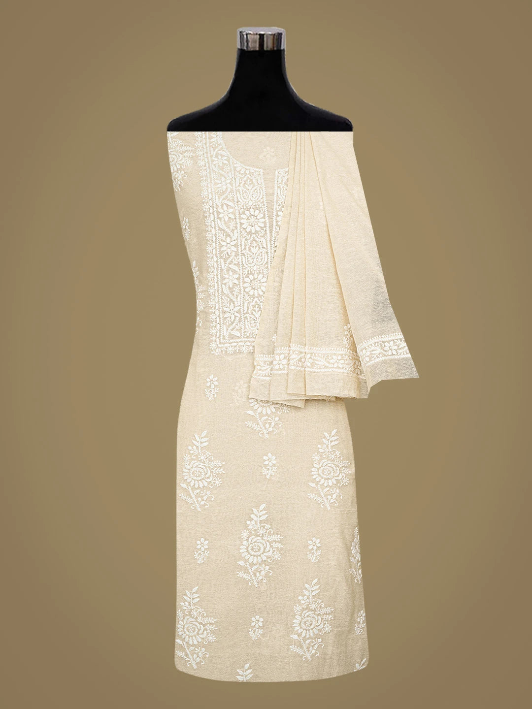 Ada Hand Embroidered Fawn Chanderi Lucknowi Chikankari Unstitched Kurta Dupatta Set 01A838964