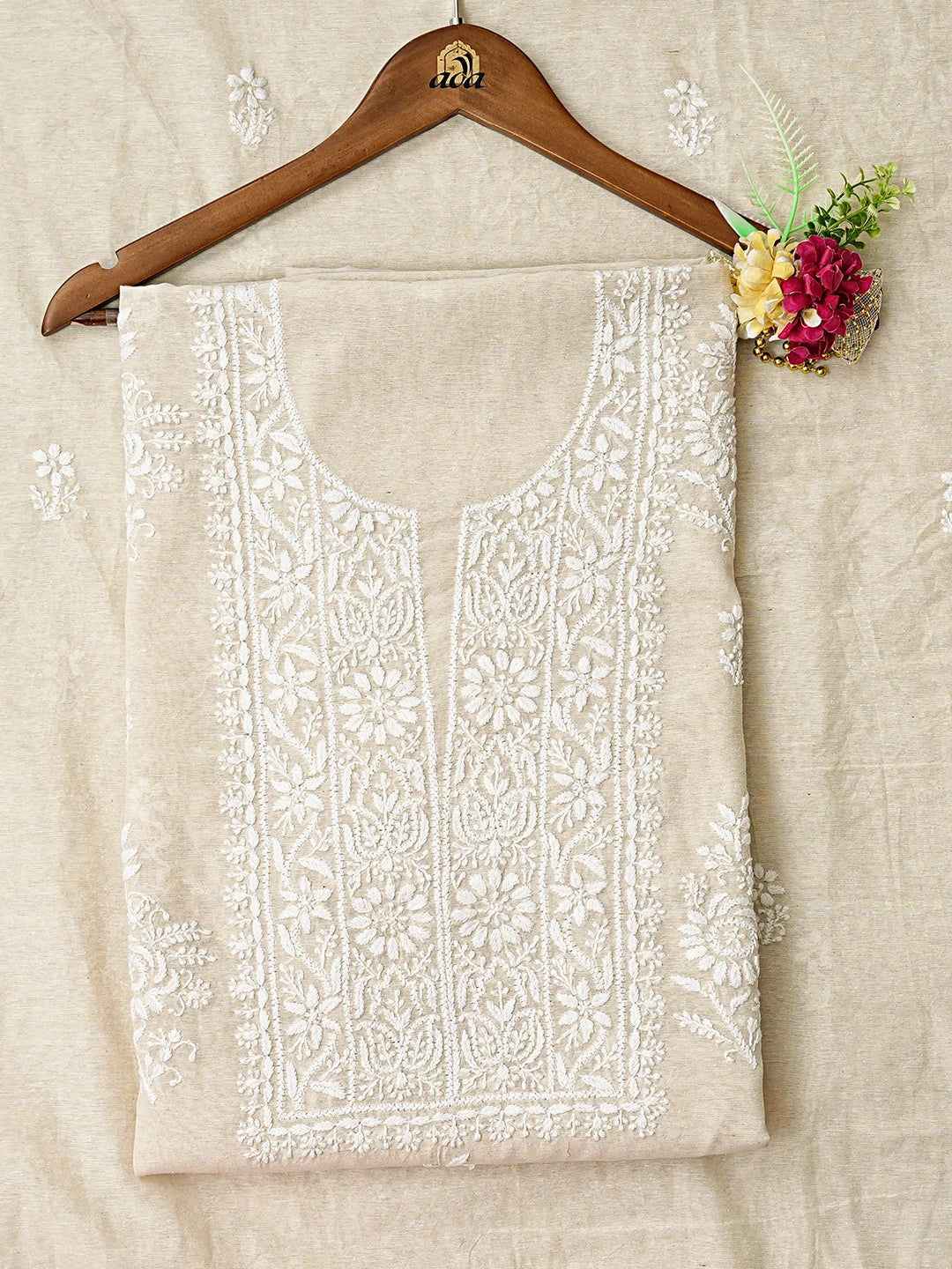 Ada Hand Embroidered Fawn Chanderi Lucknowi Chikankari Unstitched Kurta Dupatta Set 01A838964