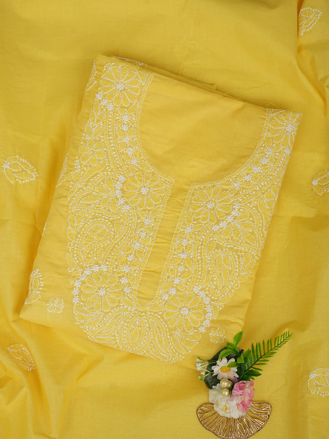 Ada Hand Embroidered Yellow Cotton Lucknowi Chikankari Unstitched Suit Piece 01A867038