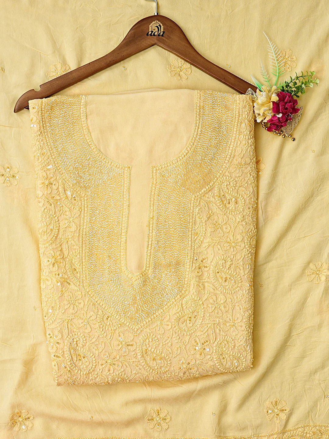 Ada Hand Embroidered Beige Viscose Georgette Lucknowi Chikankari Unstitched Kurta Dupatta Set With Cutdana Work 01A799995