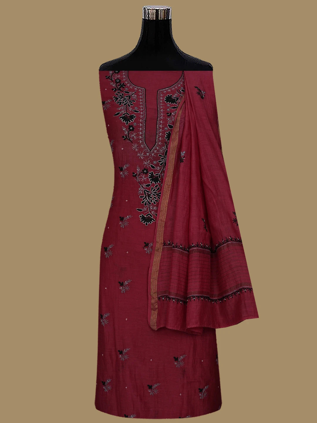 Ada Hand Embroidered Red Chanderi Lucknowi Chikankari Unstitched Kurta Dupatta Set With Cutdana Work 01A520207