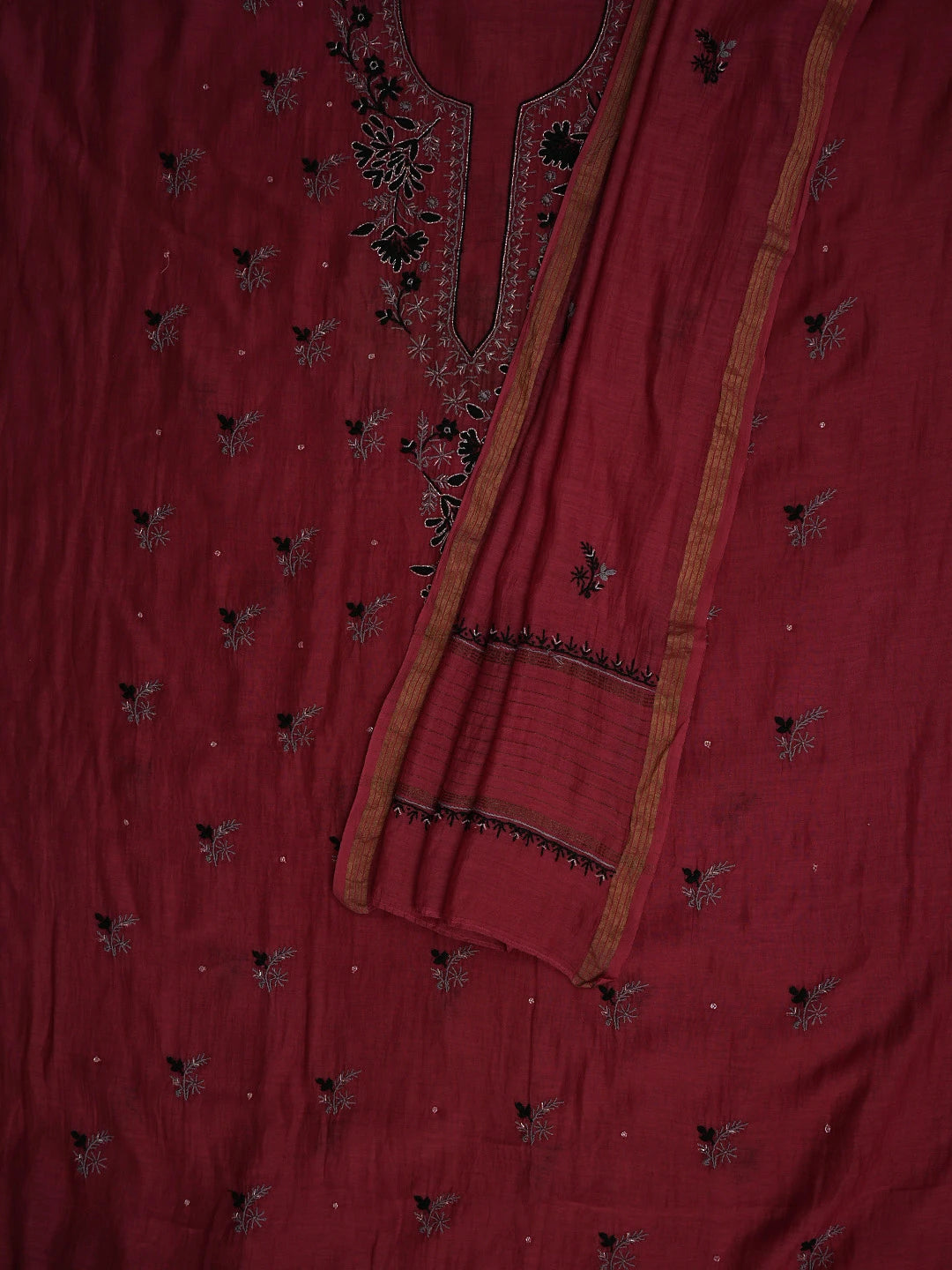 Ada Hand Embroidered Red Chanderi Lucknowi Chikankari Unstitched Kurta Dupatta Set With Cutdana Work 01A520207