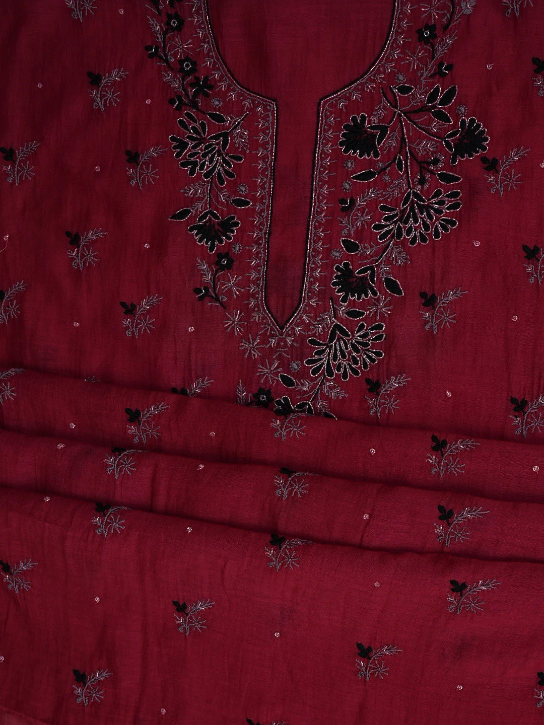 Ada Hand Embroidered Red Chanderi Lucknowi Chikankari Unstitched Kurta Dupatta Set With Cutdana Work 01A520207