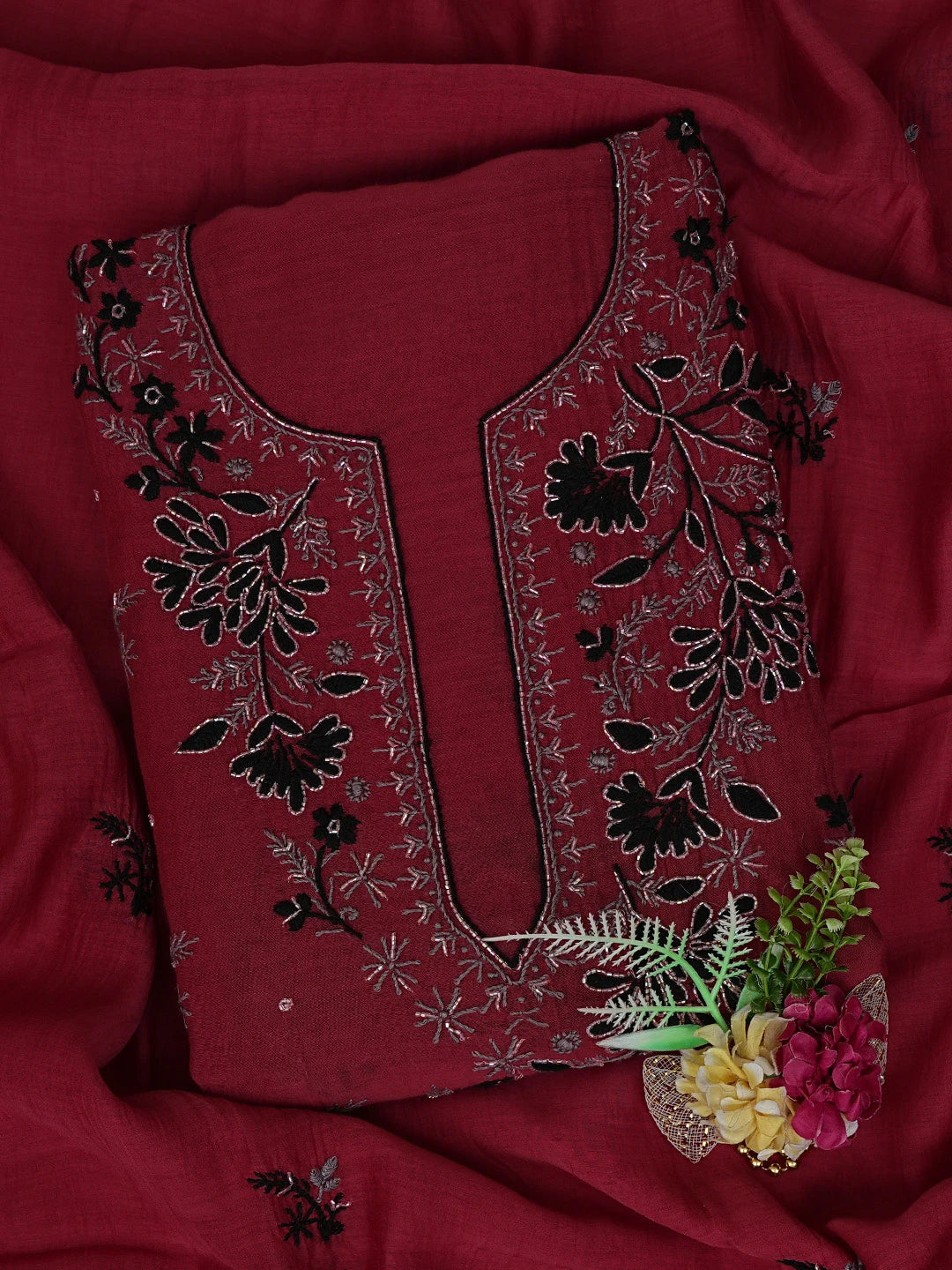 Ada Hand Embroidered Red Chanderi Lucknowi Chikankari Unstitched Kurta Dupatta Set With Cutdana Work 01A520207