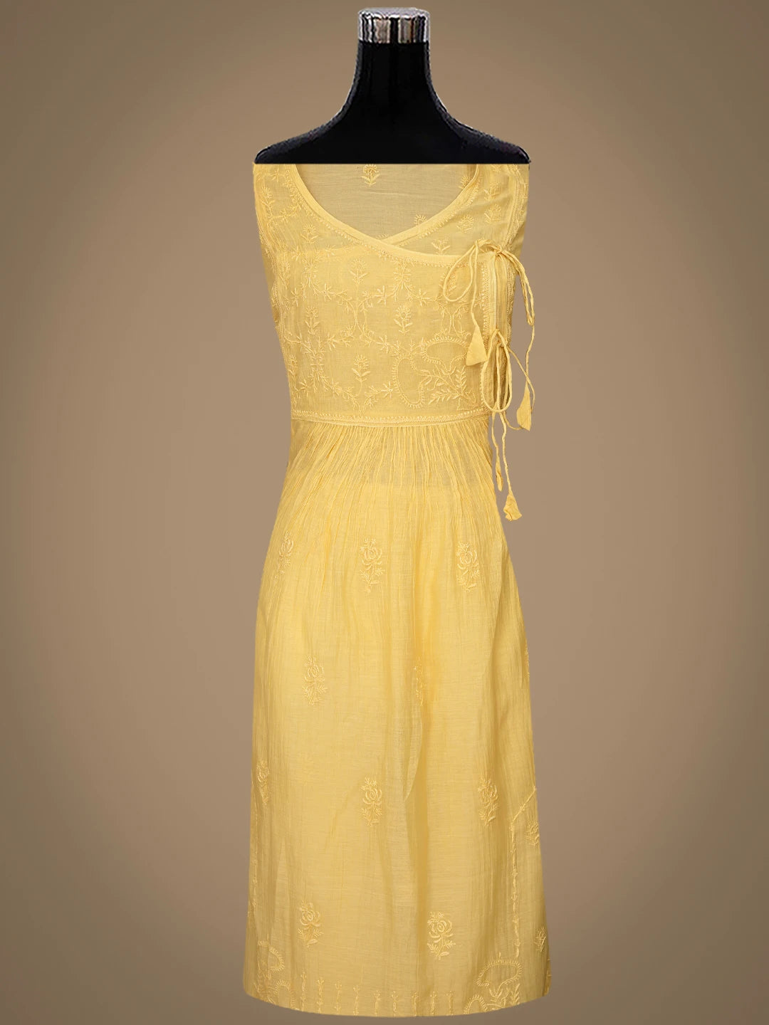 Ada Hand Embroidered Yellow Chanderi Lucknowi Chikankari Semi-Stitched Kurta Dupatta Set 01A741500