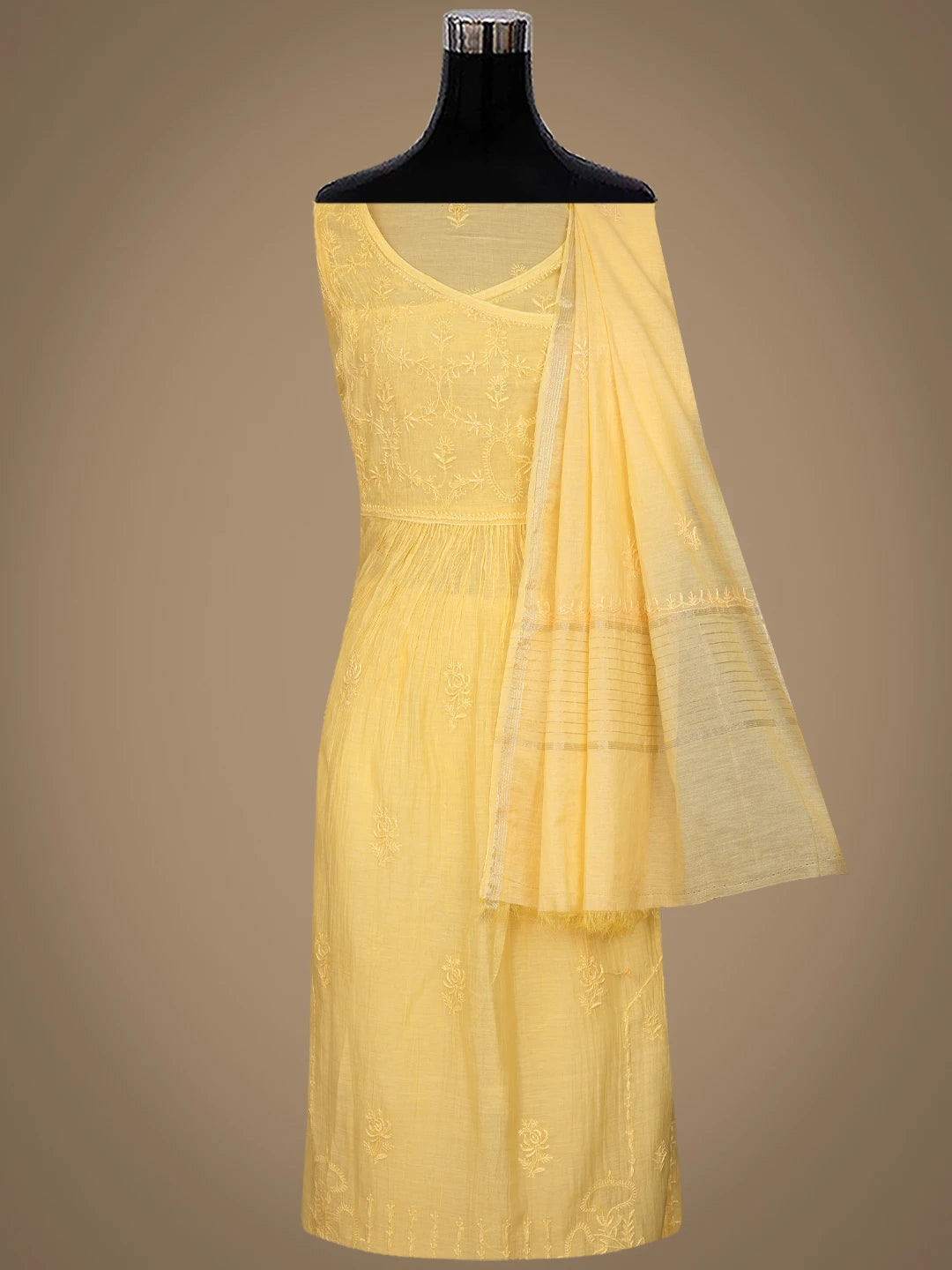 Ada Hand Embroidered Yellow Chanderi Lucknowi Chikankari Semi-Stitched Kurta Dupatta Set 01A741500