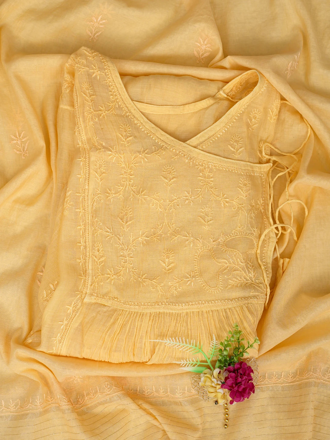 Ada Hand Embroidered Yellow Chanderi Lucknowi Chikankari Semi-Stitched Kurta Dupatta Set 01A741500